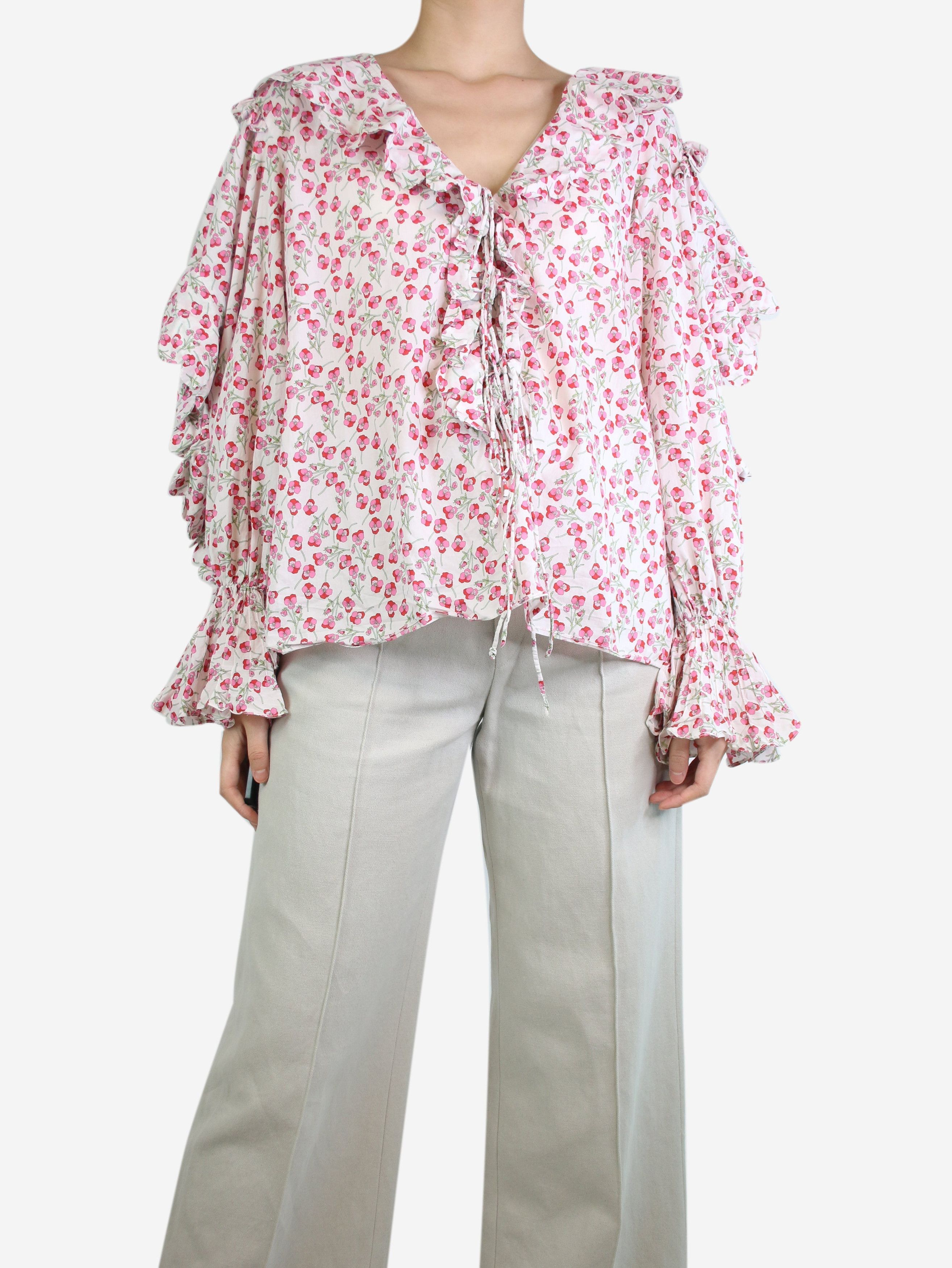 image of Horror Vacui Pink Floral-Printed Ruffle Shirt - Size M, Women's