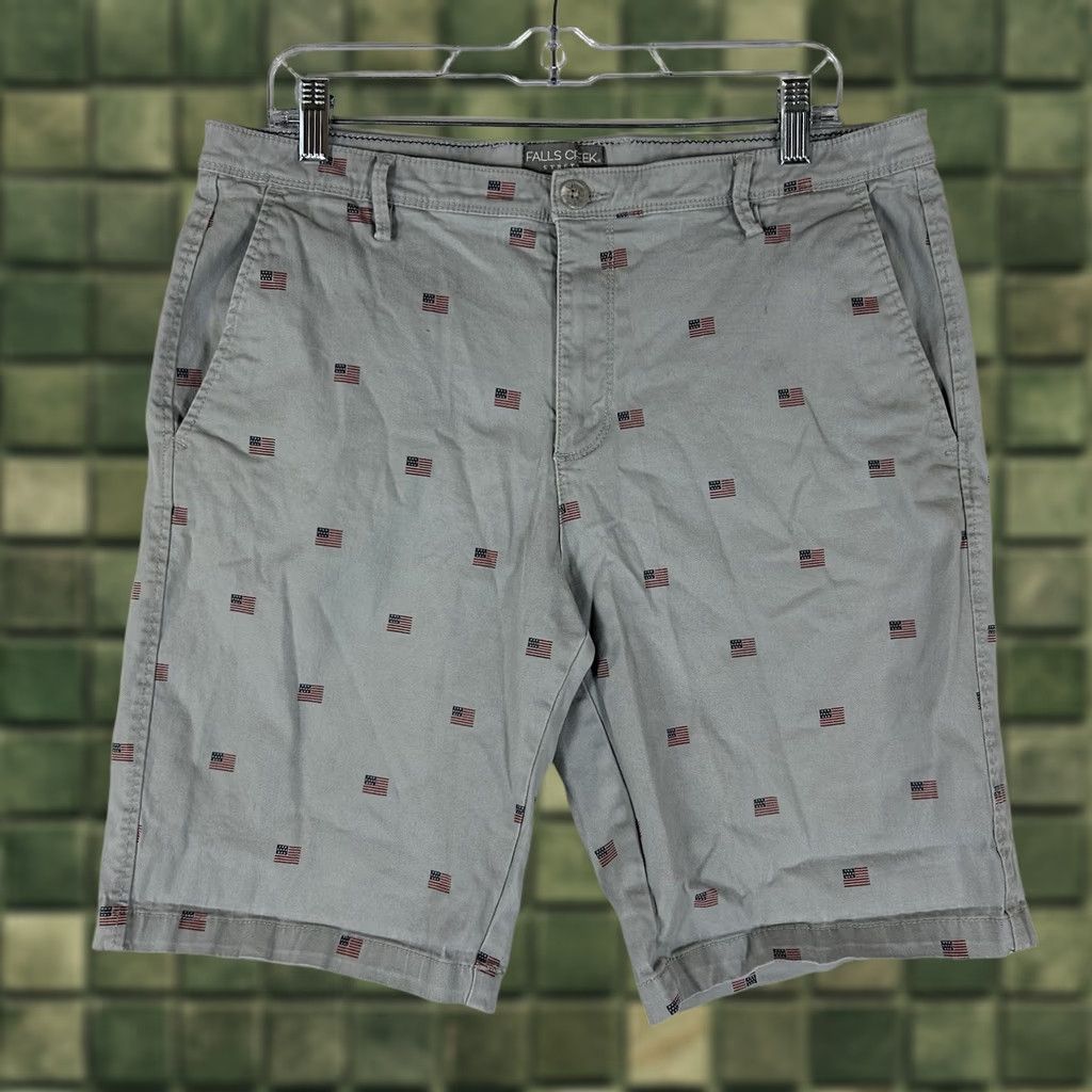 Vintage Falls Creek Mens 34 Gray Chino Shorts Mid Rise USA Flag Pattern 11in Inseam Everyday Casual Shorts Size US 34 / EU 50 - 1 Thumbnail