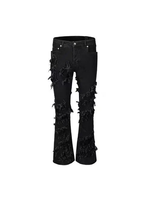 image of Street Erosion Damaged Raw Edge Micro-Flared Jeans in Black, Men's (Size 32)