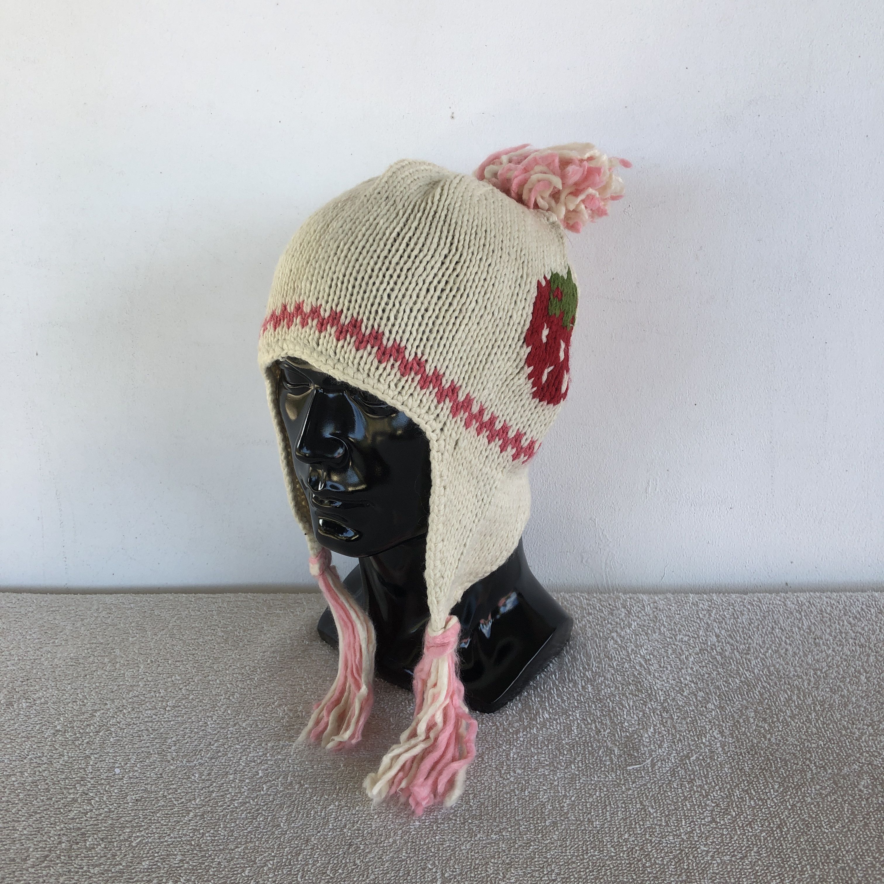 Japanese Brand Vintage 90s Strawberry Earflap Beanie Pompom Snow Caps Hats Size ONE SIZE - 1 Thumbnail