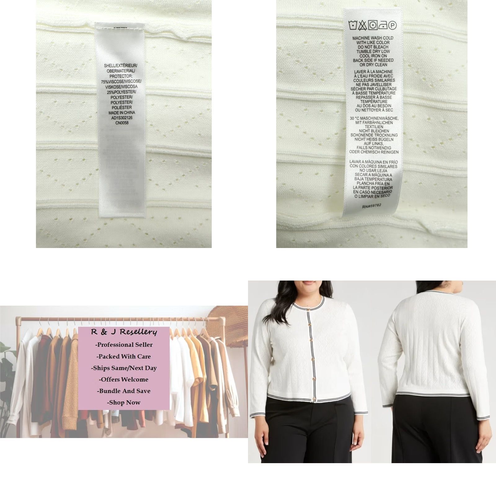 Adrianna Papell Adrianna Papell Women's Sweater Cardigan Ivory White Trim Tipped Pointelle L NEW Size L / US 10 / IT 46 - 8 Thumbnail