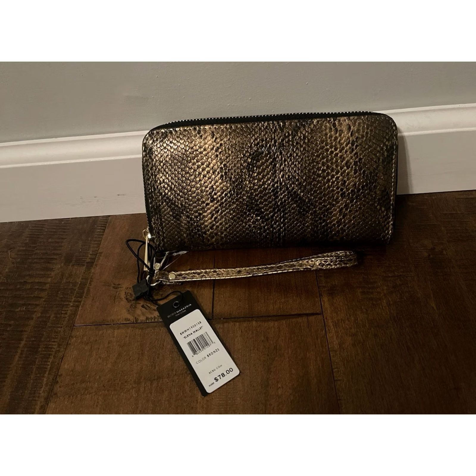 Bcbgmaxazria VINTAGE BCBGMAXAZRIA Elena Wallet Bronze Faux Python Snake Skin Zip Around Wristlet Womens Size ONE SIZE - 2 Thumbnail