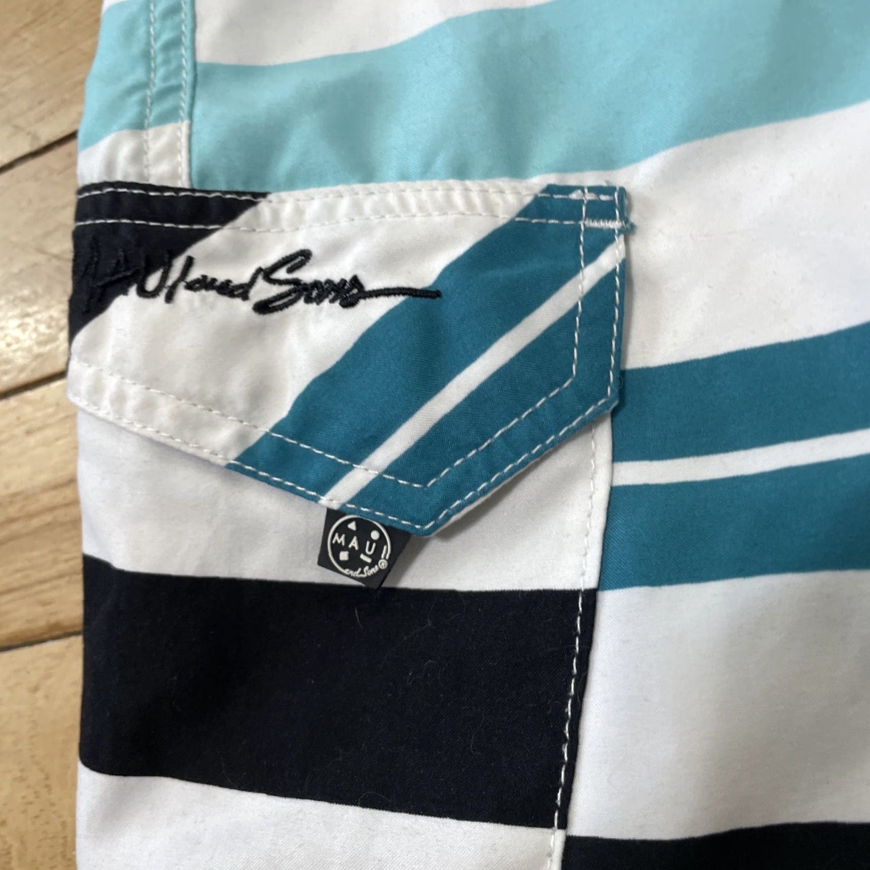 AQUA VINTAGE Maui and Sons Swim Trunks Mens 30 Teal Blue Aqua White Striped Surf Board Shorts Size US 30 / EU 46 - 6 Thumbnail