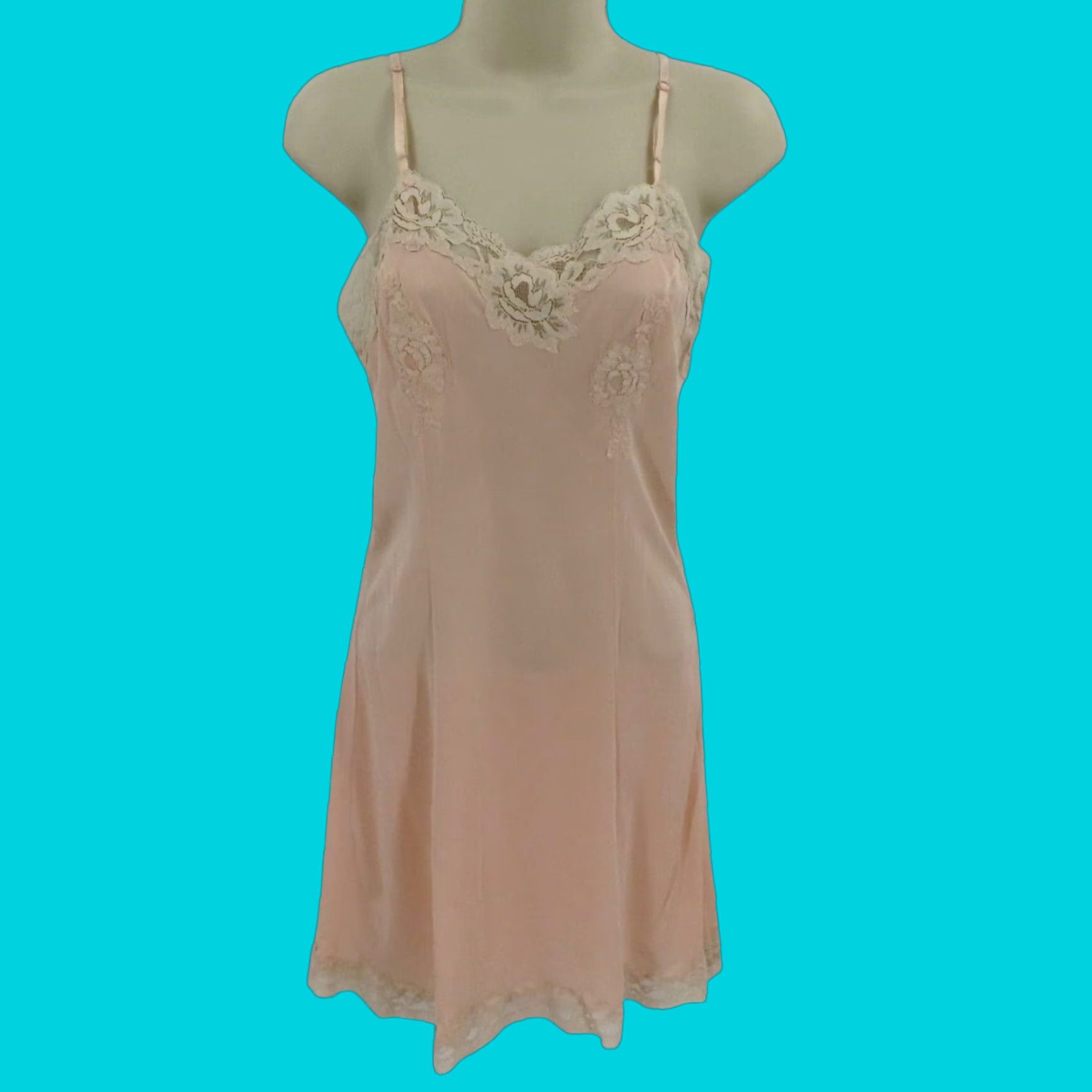 VTG Kayser Womens 34 Pink Ivory Flower Lace Spaghetti Strap Slip Dress USA
