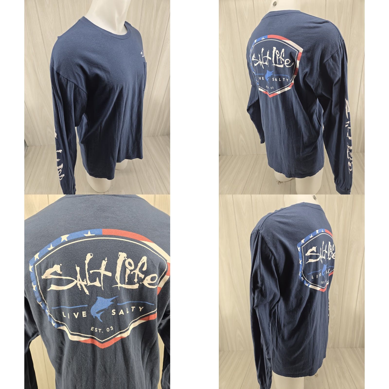 Vintage Salt Life Mens Long Sleeve T Shirt Large Blue Crew Neck Cotton USA Flag Logo Shirt Mens Long Sleeve T-Shirt Blue Cotton USA Flag Logo Salt Life Size US L / EU 52-54 / 3 - 8 Thumbnail