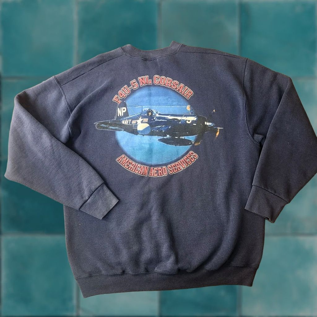 Fruit Of The Loom F4U Corsair Sweatshirt XL Navy Graphic Print USA Planes Aircraft Mens Regular Crew Neck Cotton Blend Pullover Fruit of the Loom Size US XL / EU 56 / 4 - 1 Thumbnail