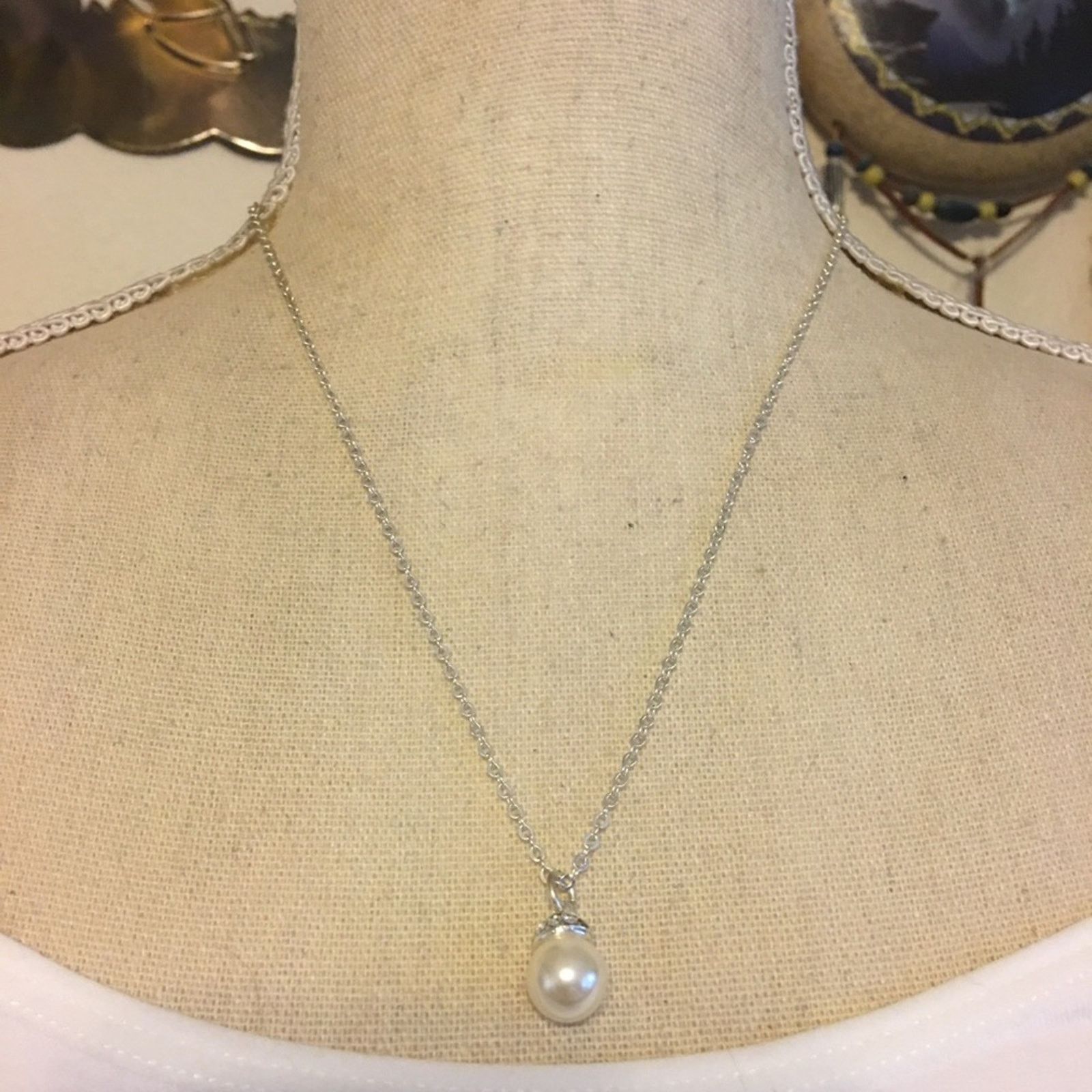 Jewelry Rhinestone Bead Capped Faux Pearl On Silver Chain, Women's