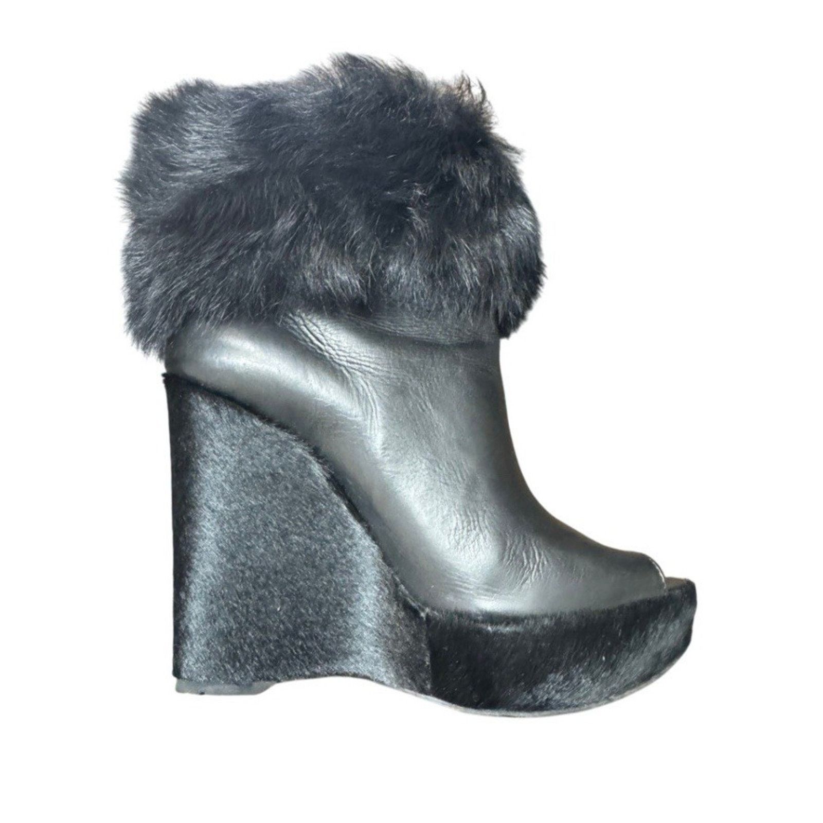 Prada PRADA BLACK LEATHER FUR PEEP TOE BOOTS SHOES SZ 39 OR 8.5 Size US 8.5 / IT 38.5 - 3 Thumbnail