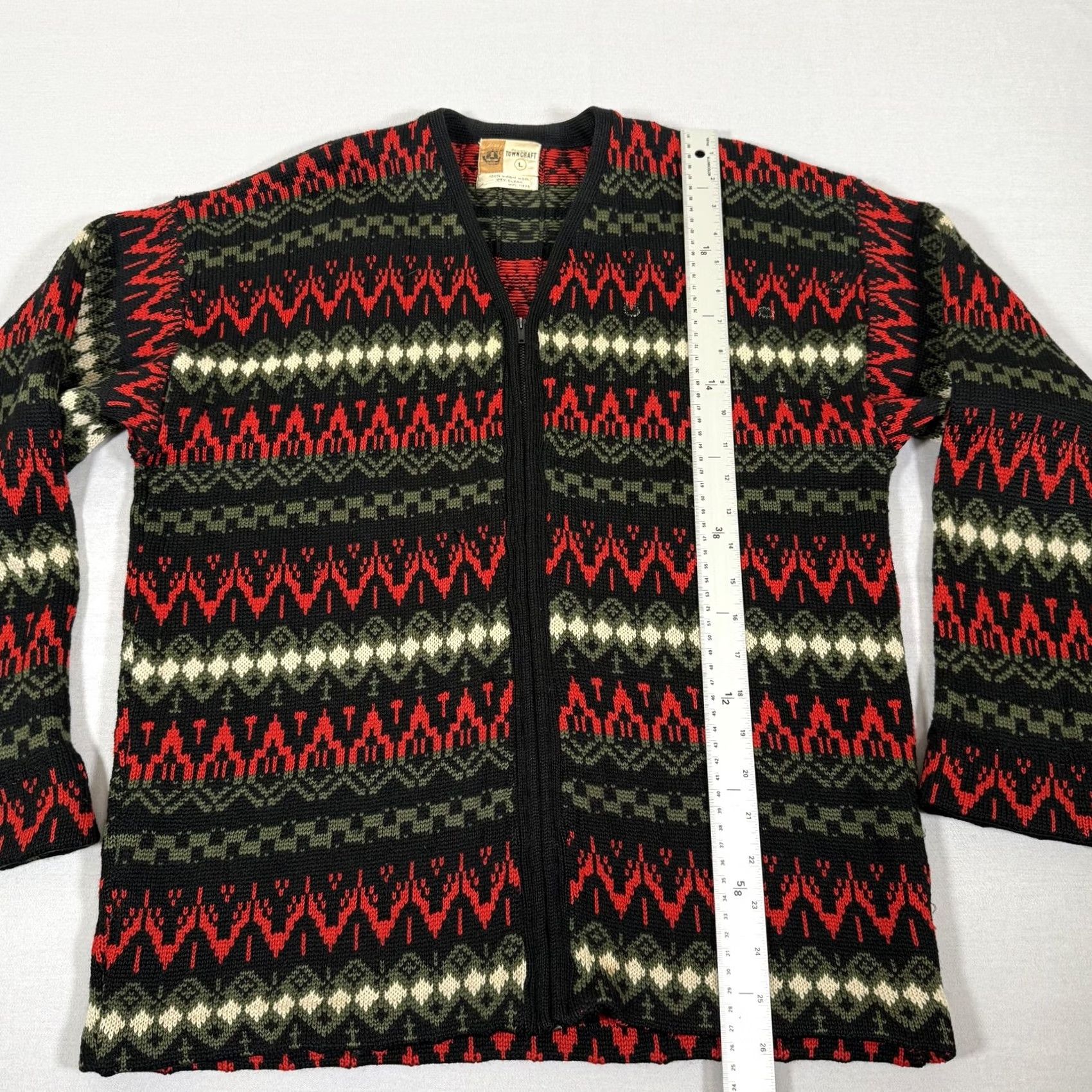 Vintage VINTAGE Penneys Towncraft Wool Full Zip Cardigan Sweater Mens Large Black Fair Isle 60s 50s Size US L / EU 52-54 / 3 - 7 Thumbnail