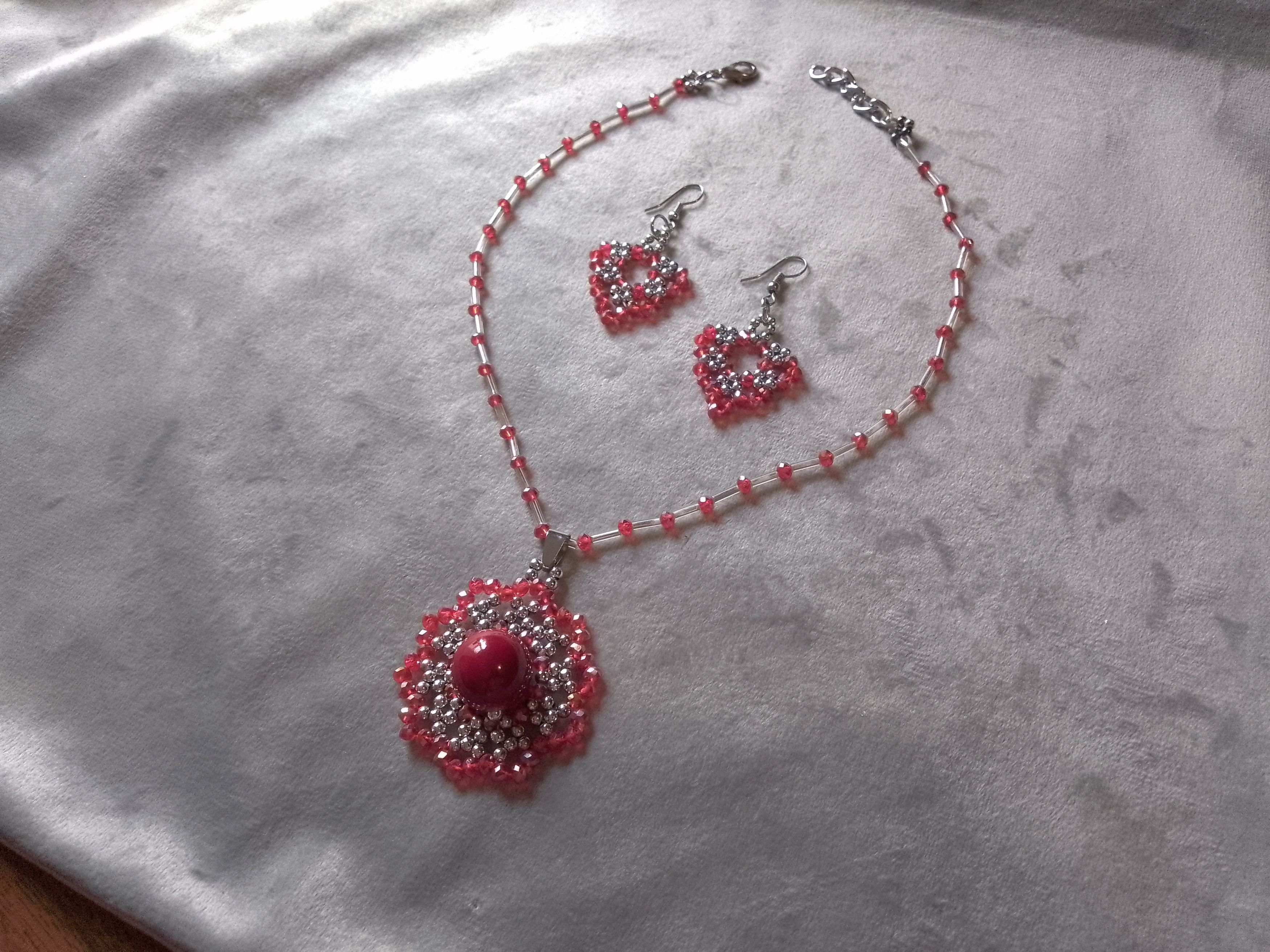 Handmade Necklace Mandala Pendant+ Earrings Red/Silver. Size ONE SIZE - 7 Thumbnail