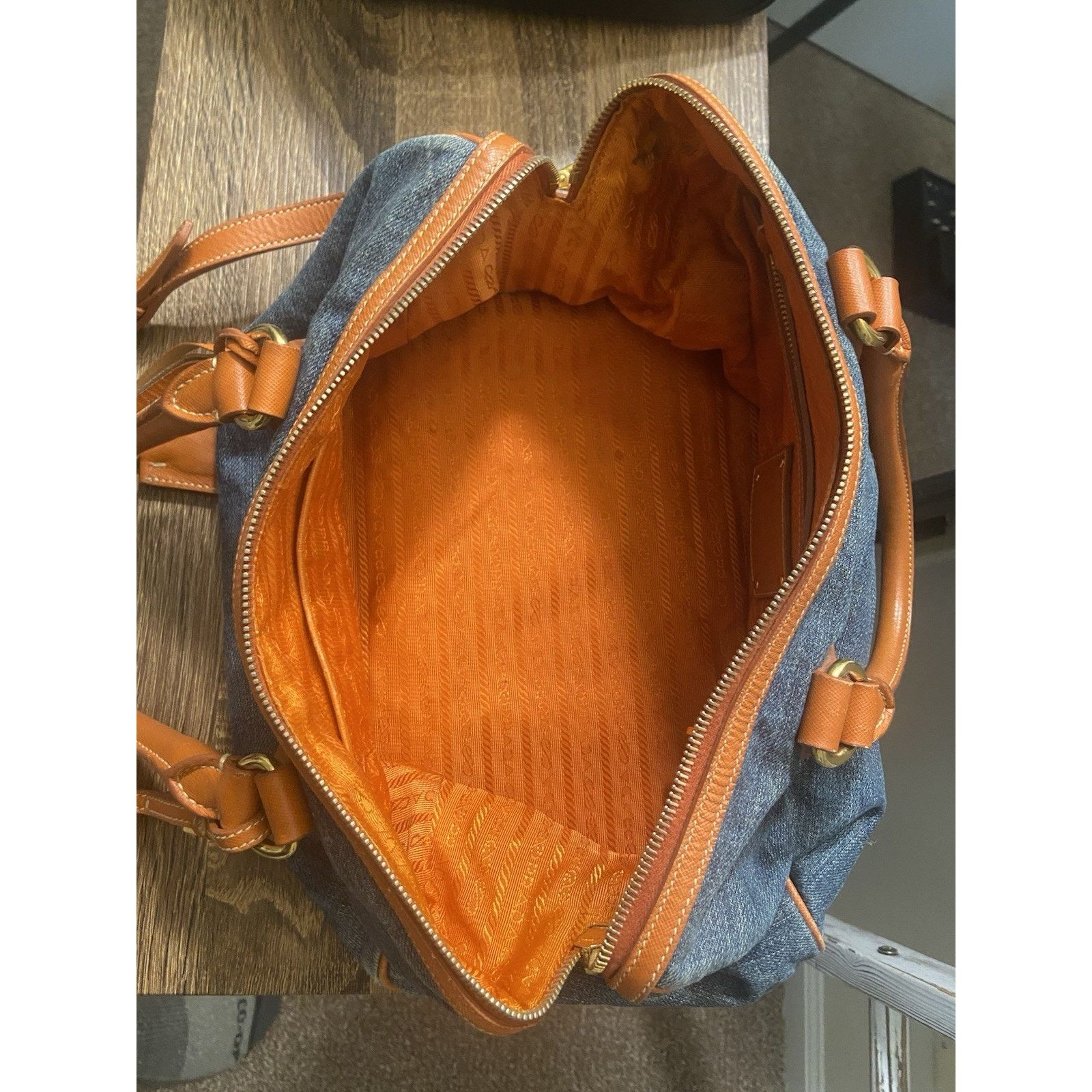 Prada Prada Bauletto blue denim orange saffiano 2way handbag, good Size ONE SIZE - 15 Thumbnail