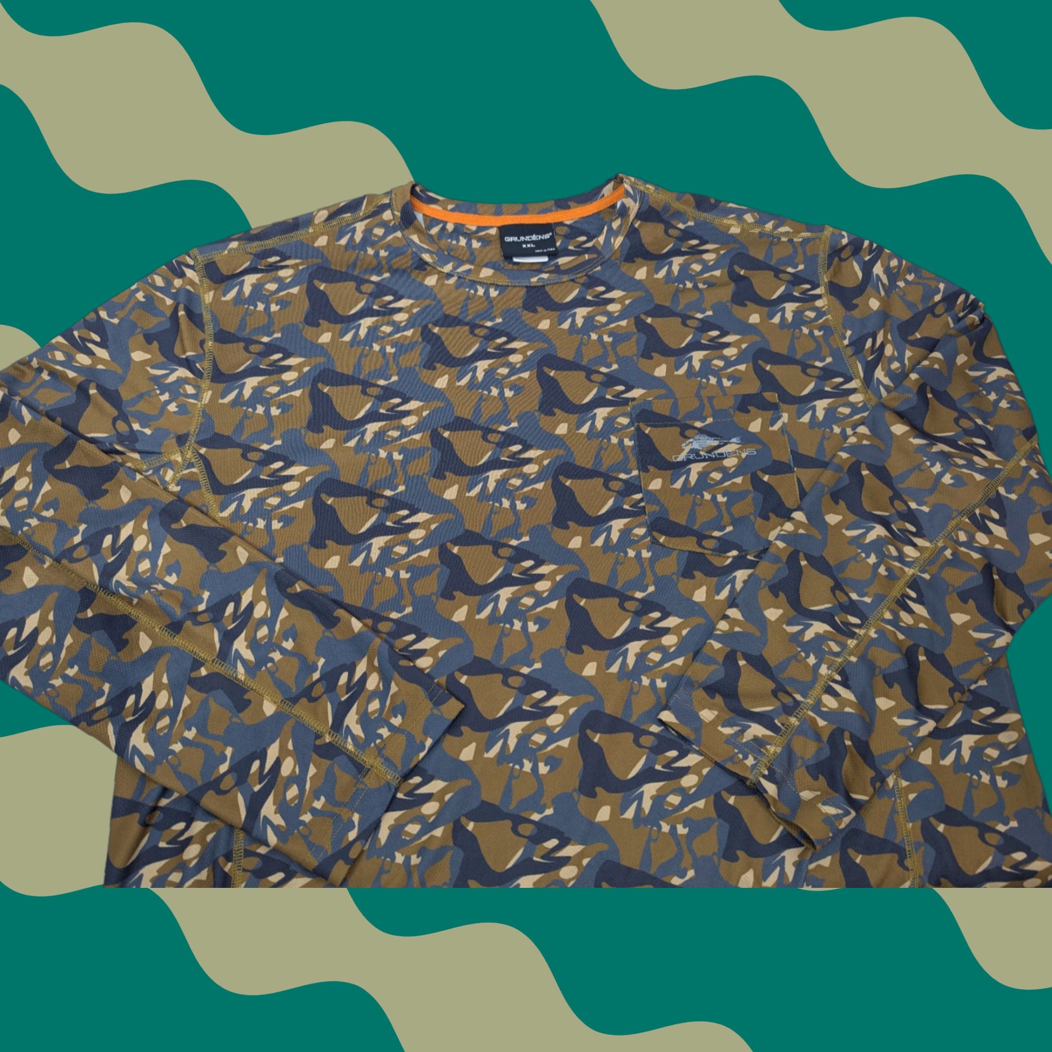 Vintage Grundens Mens Shirt 2XL Camouflage Fish Head Print Outdoor Performance Hiking All Seasons Breathing Moisture Wicking Logo Crew Neck Regular Summer Size US XXL / EU 58 / 5 - 1 Thumbnail