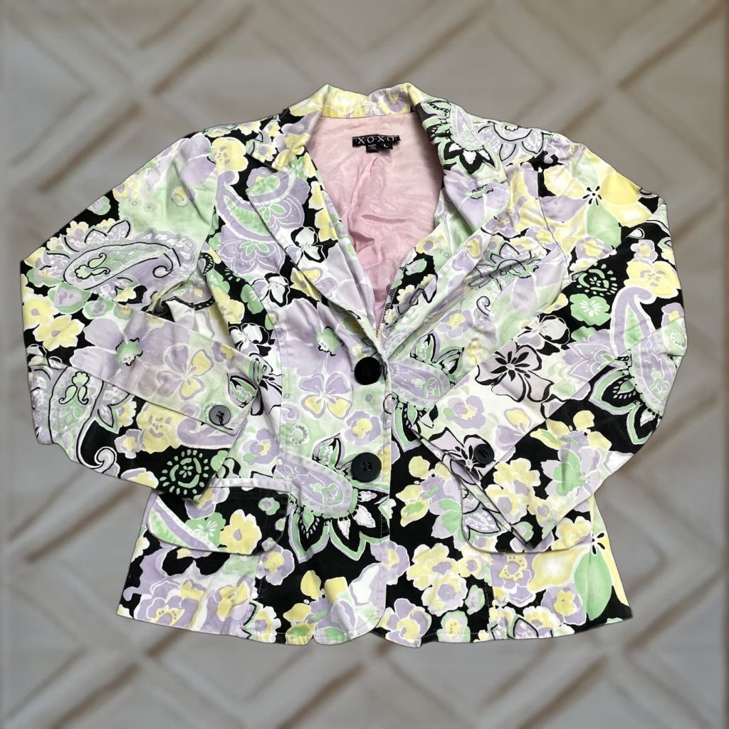 XOXO XOXO Blazer Jacket - Juniors L Multicolor Floral Knit Cotton Blend - Short Jacket, Long Sleeve, Padded - Casual Work Clothing - Womens Size L / US 10 / IT 46 - 1 Thumbnail