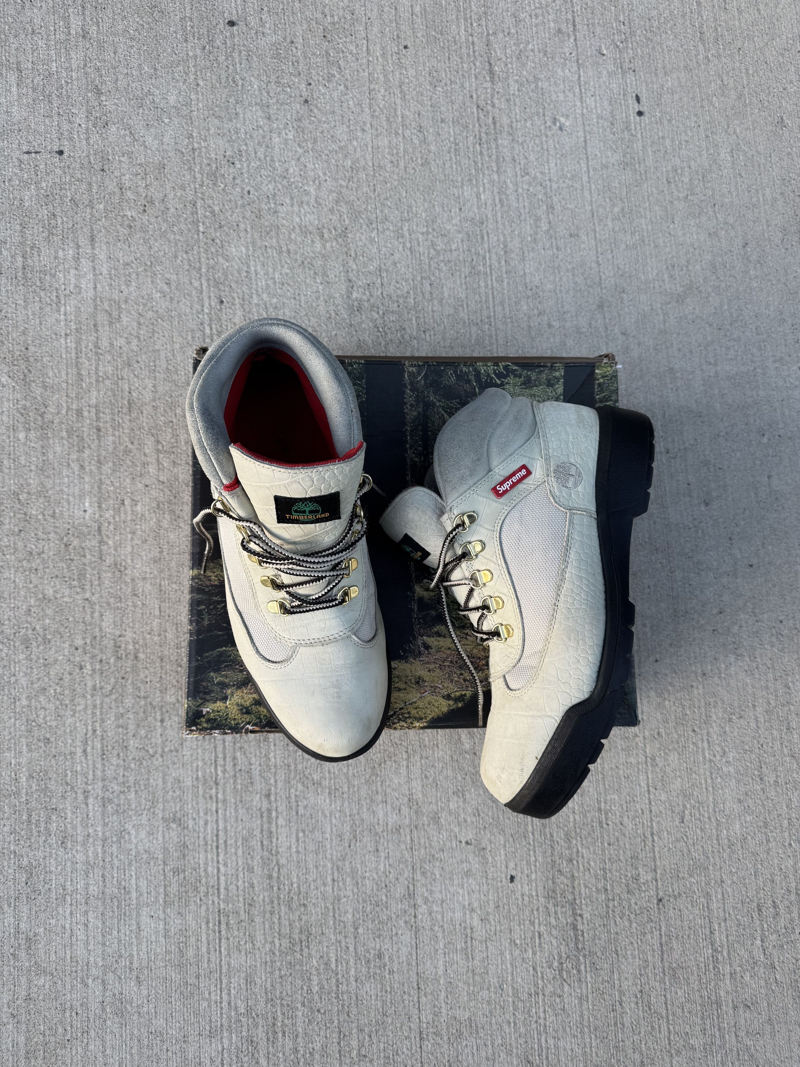 Supreme fw16 supreme x timberland field boot in white croc. | Grailed