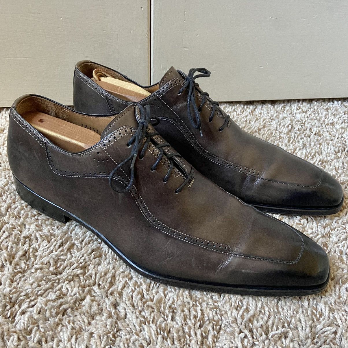 image of Magnanni Square Toe Grey Brown Leather Dress Shoes Oxford, Men's (Size 10)