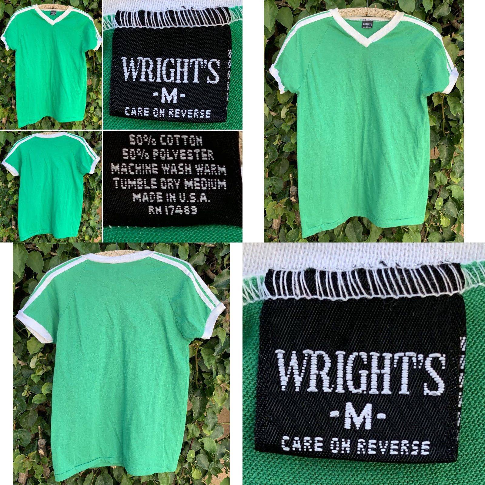 Vintage VINTAGE Wrights T Shirt Short Sleeve V Neck Ringer Tee Made In USA Size M Green Casual Mens Vintage 50% cotton 50% polyester) Size US M / EU 48-50 / 2 - 8 Thumbnail