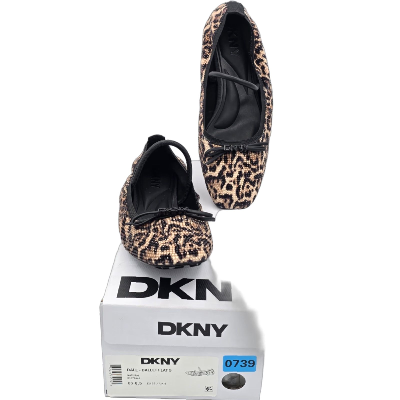 DKNY DKNY NIB Women’s Dale Ruched Ballet Flat - Natural - Size 6.5 - Brown Black - Square Toe - Slip On - Bow - Flat - Women Size US 4 / IT 34 - 1 Thumbnail