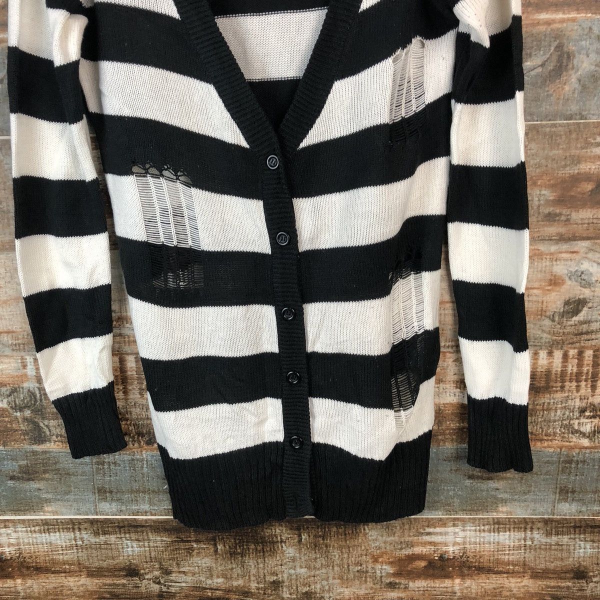 Japanese Brand × Solid and Striped Colza Stripe Black prison ripped Cardigan Knitwear #A2042 Size M / US 6-8 / IT 42-44 - 6 Thumbnail