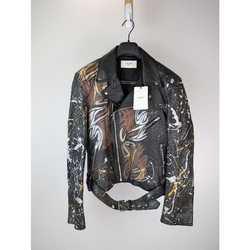 Celine o1rshd1 Hand Painted Biker Jacket in Black Size US L / EU 52-54 / 3 - 7 Thumbnail