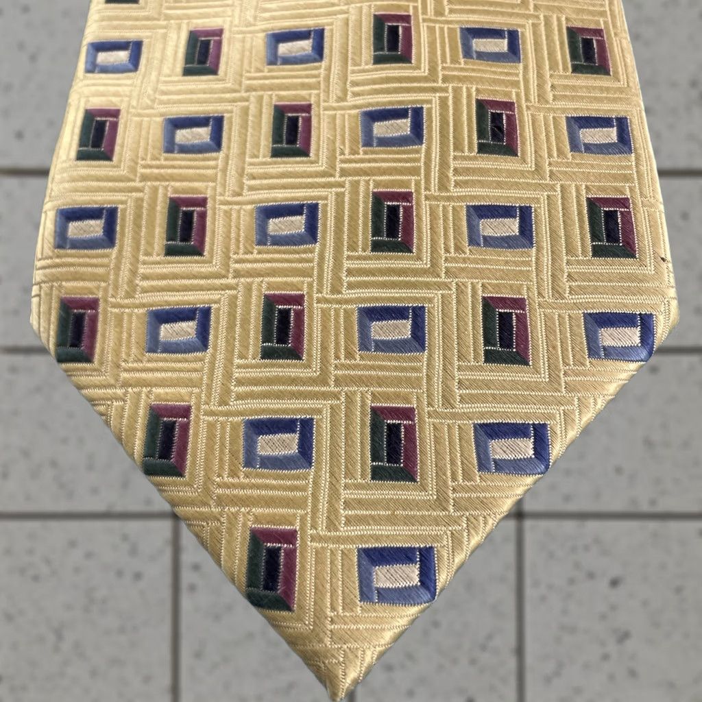 Vintage VINTAGE Tango Woven Silk Tie 61" Geometric Polka Dot Square Hand Made 4x61 Light Yellow Tie Mens 100% Silk Adjustble Some Wear Size ONE SIZE - 1 Thumbnail