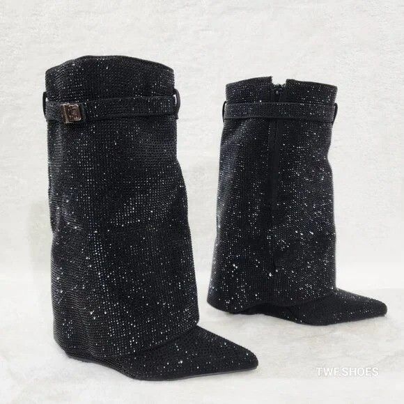 Other Betty Sparkling Black Rhinestone Skirted Fold Over Calf Boot Size US 6.5 / IT 36.5 - 4 Thumbnail