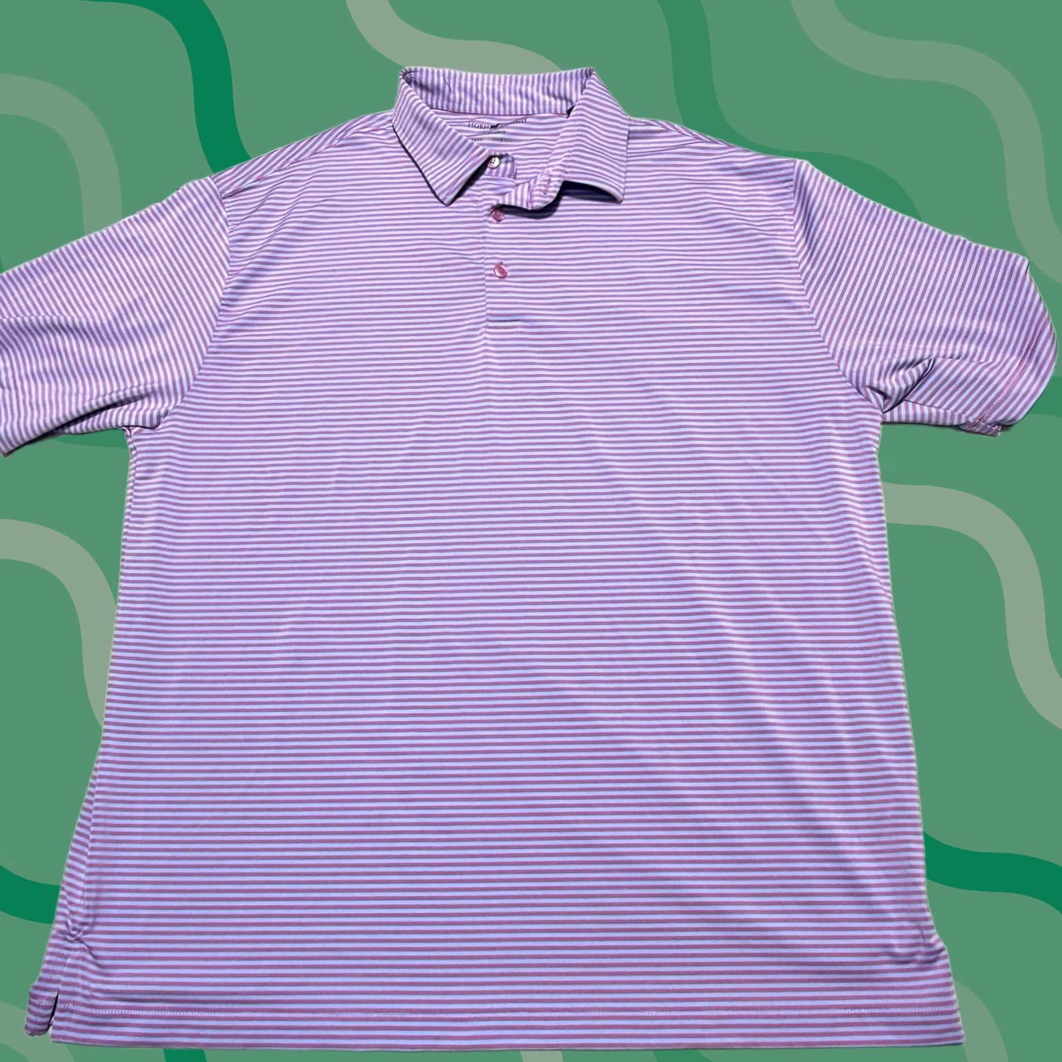 Vintage Horn Legend Polo Shirt Mens XL Pink Blue Striped Golf Performance Stretch Shirt Size US XL / EU 56 / 4 - 1 Thumbnail