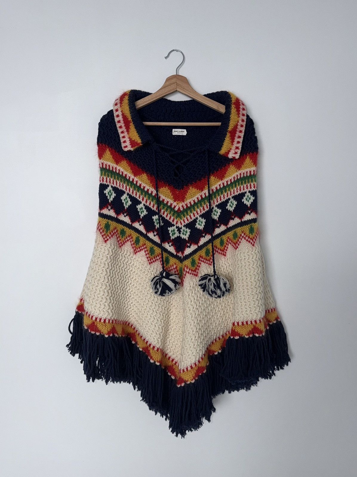 Hedi Slimane × Saint Laurent Paris 16SS Fair Isle Knit Fringe Poncho Cape Size US M / EU 48-50 / 2 - 2 Thumbnail