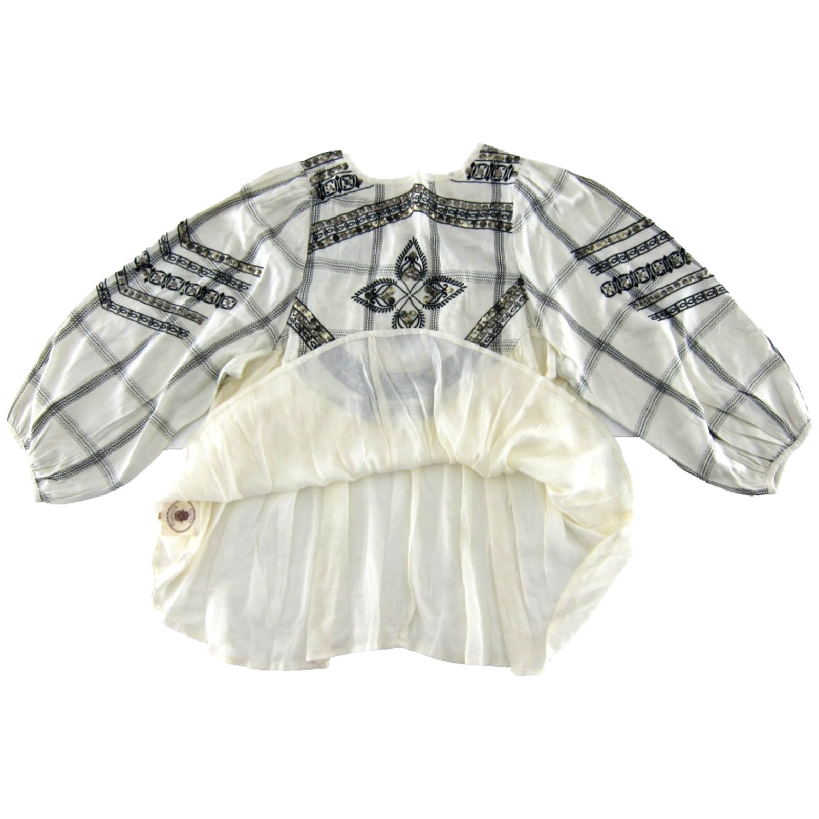 Vintage Muche Muchette Ivory Black Rayon Gold Beaded Long Sleeve Peasant Blouse O/S Size ONE SIZE - 5 Thumbnail