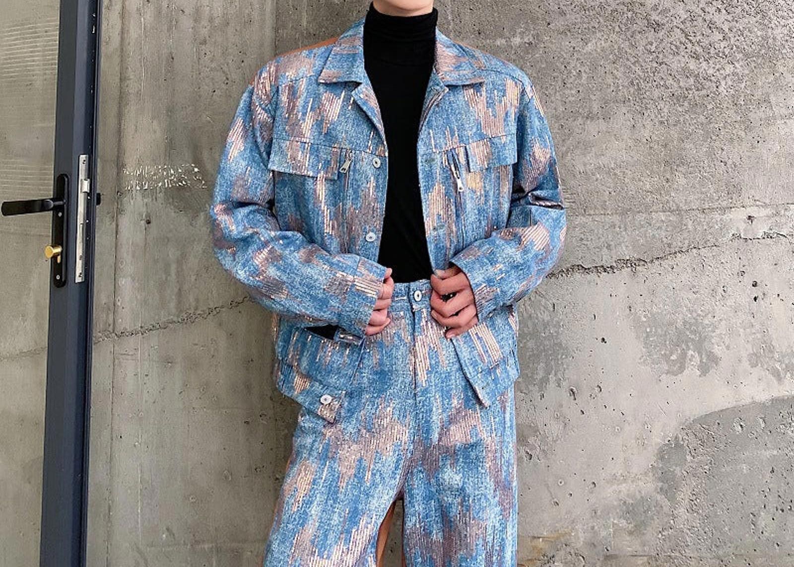Japanese Brand Blue Patterned Wide Leg Denim Jacket and Pants Set Size US M / EU 48-50 / 2 - 3 Thumbnail
