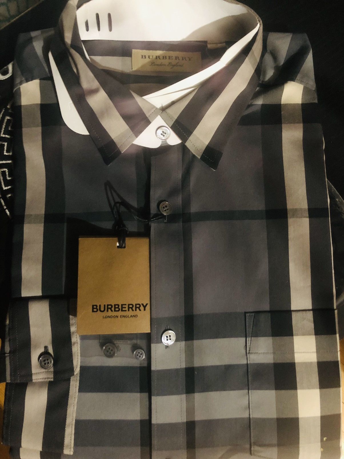 image of Burberry Check Stretch Cotton Shirt ! NWT ! in Black/Grey/White, Men's (Size Large)