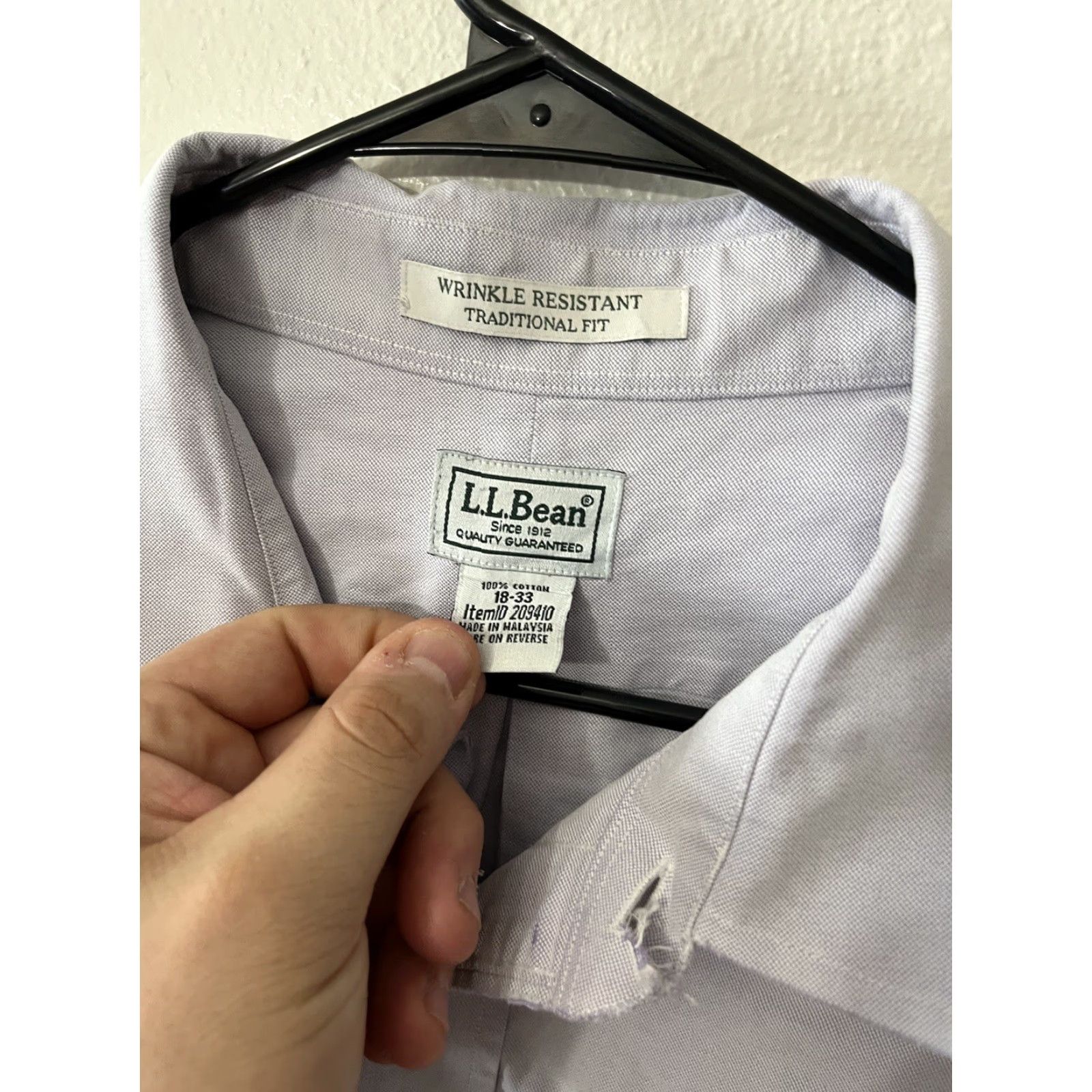 Vintage L.L. Bean Dress Shirt Men's 18 Blue Wrinkle Resistant Trim Fit Button Up Long Sleeve Solid Collar Size US XXL / EU 58 / 5 - 2 Thumbnail