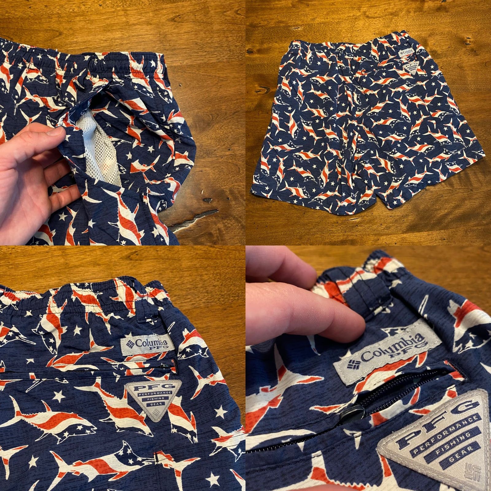 Vintage Columbia PFG Swim Trunks Mens S Blue Red Fish Drawstring Board Shorts 6" Beach Sports Mens Size US 29 - 8 Thumbnail