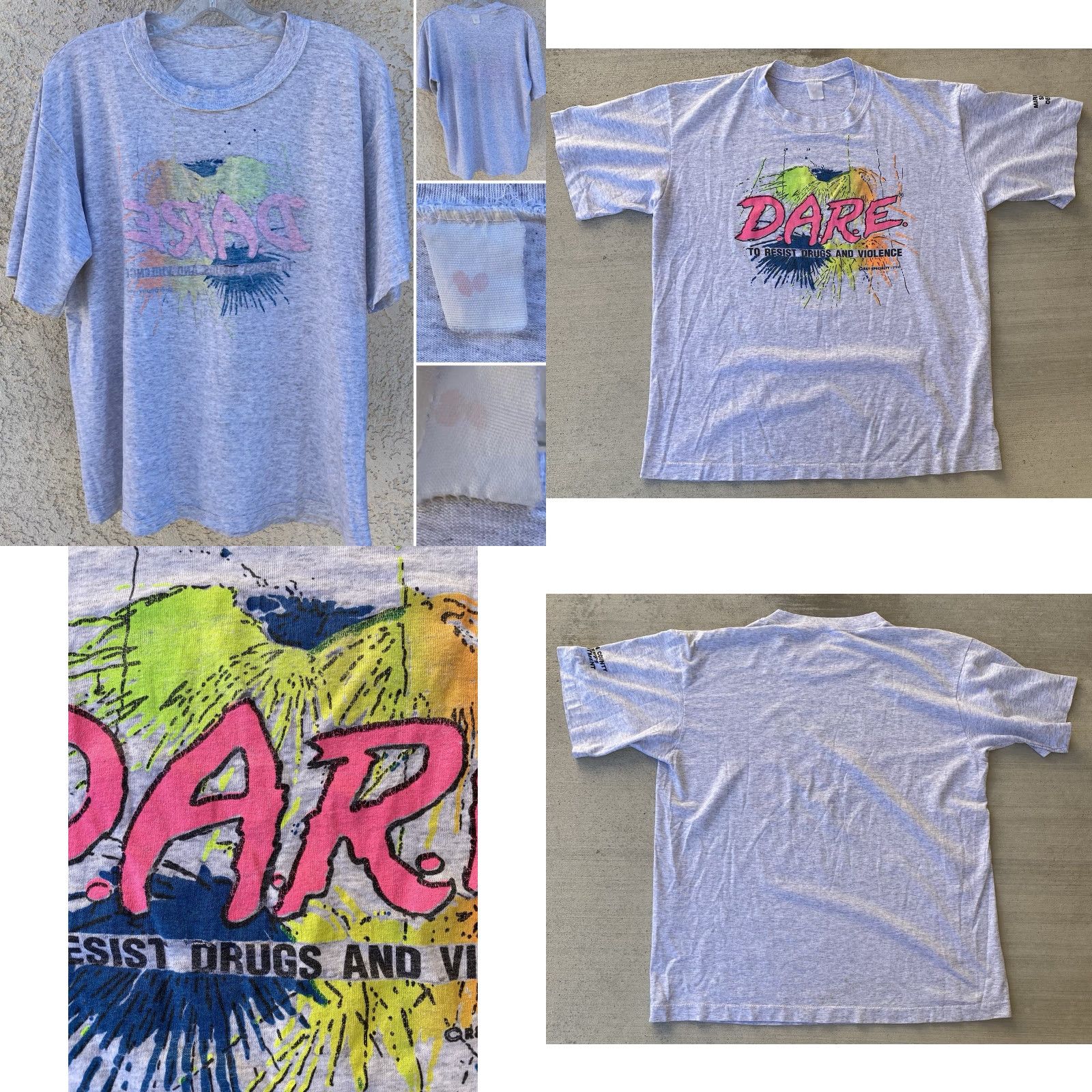 Fruit Of The Loom VINTAGE Fruit of the Loom T-Shirt DARE 1994 Gray Neon Marin County Sheriff XL Men Graphic Tee 1990s Size US XL / EU 56 / 4 - 10 Thumbnail