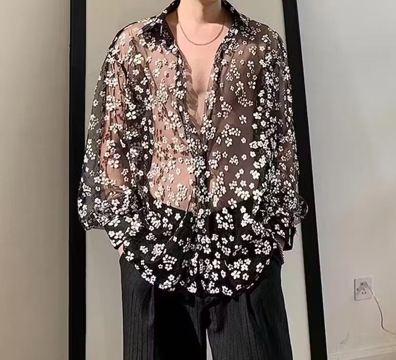 image of Vintage Fashion Men Long Sleeve Mesh Shirt in Black (Size XL)