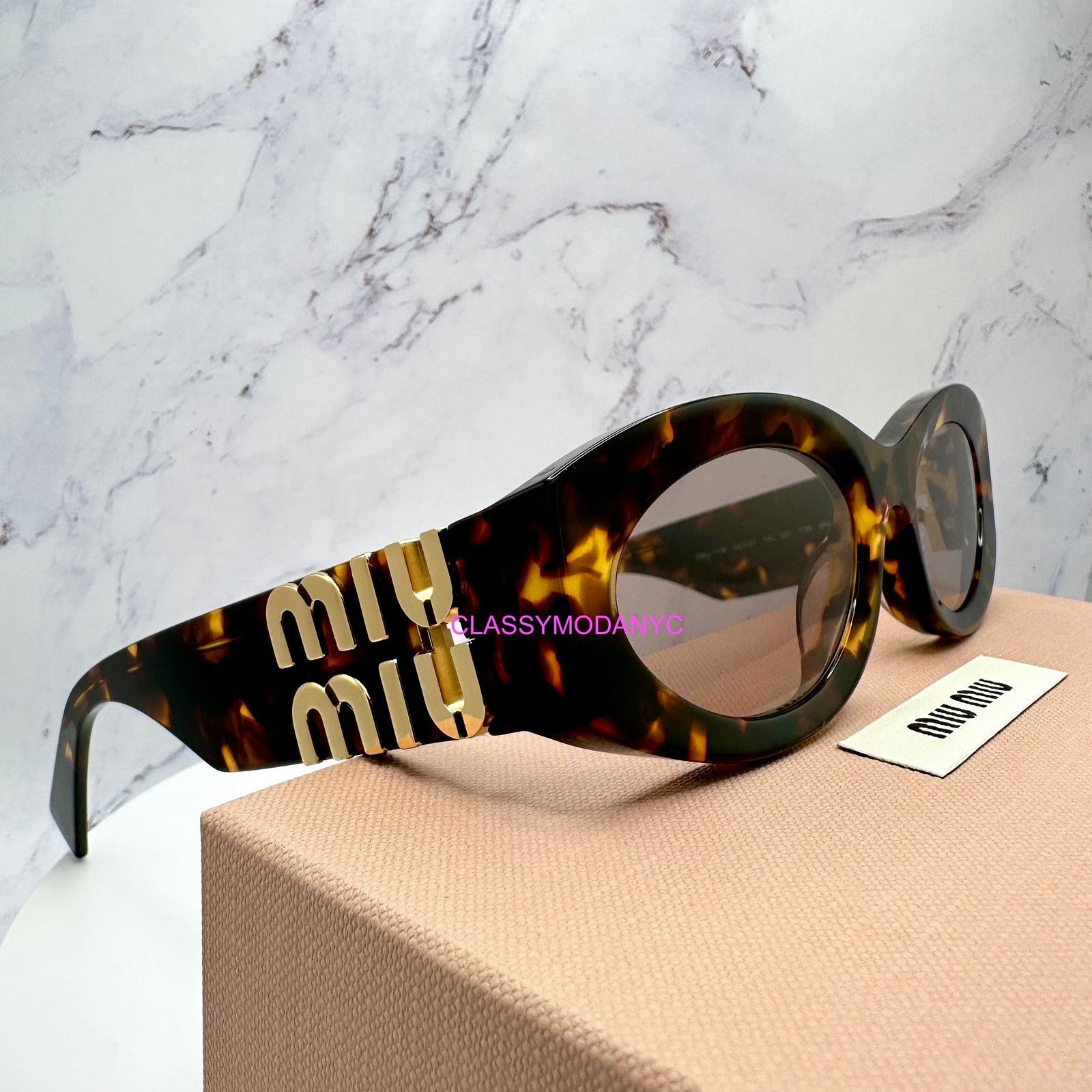 Miu Miu New MIU MIU Sunglasses Brown Tortoise Shell Oval Gold Logo Size ONE SIZE - 13 Thumbnail