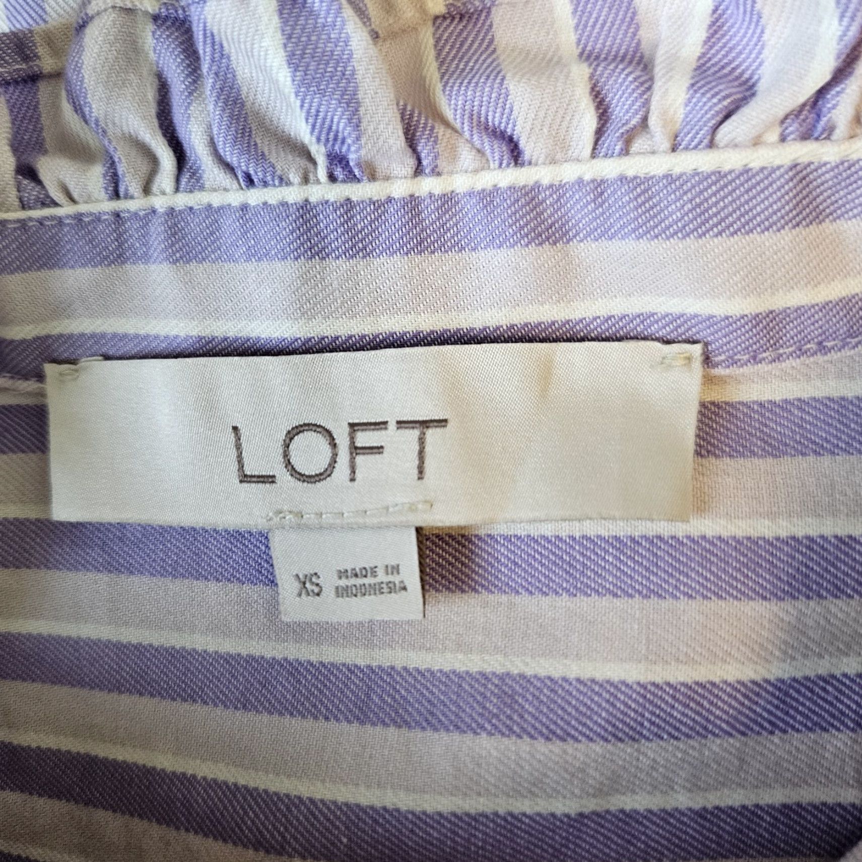 Loft Ann Taylor LOFT Womens Button Up Top XS Purple Stripe Ruffles Cotton Size XS / US 0-2 / IT 36-38 - 5 Thumbnail