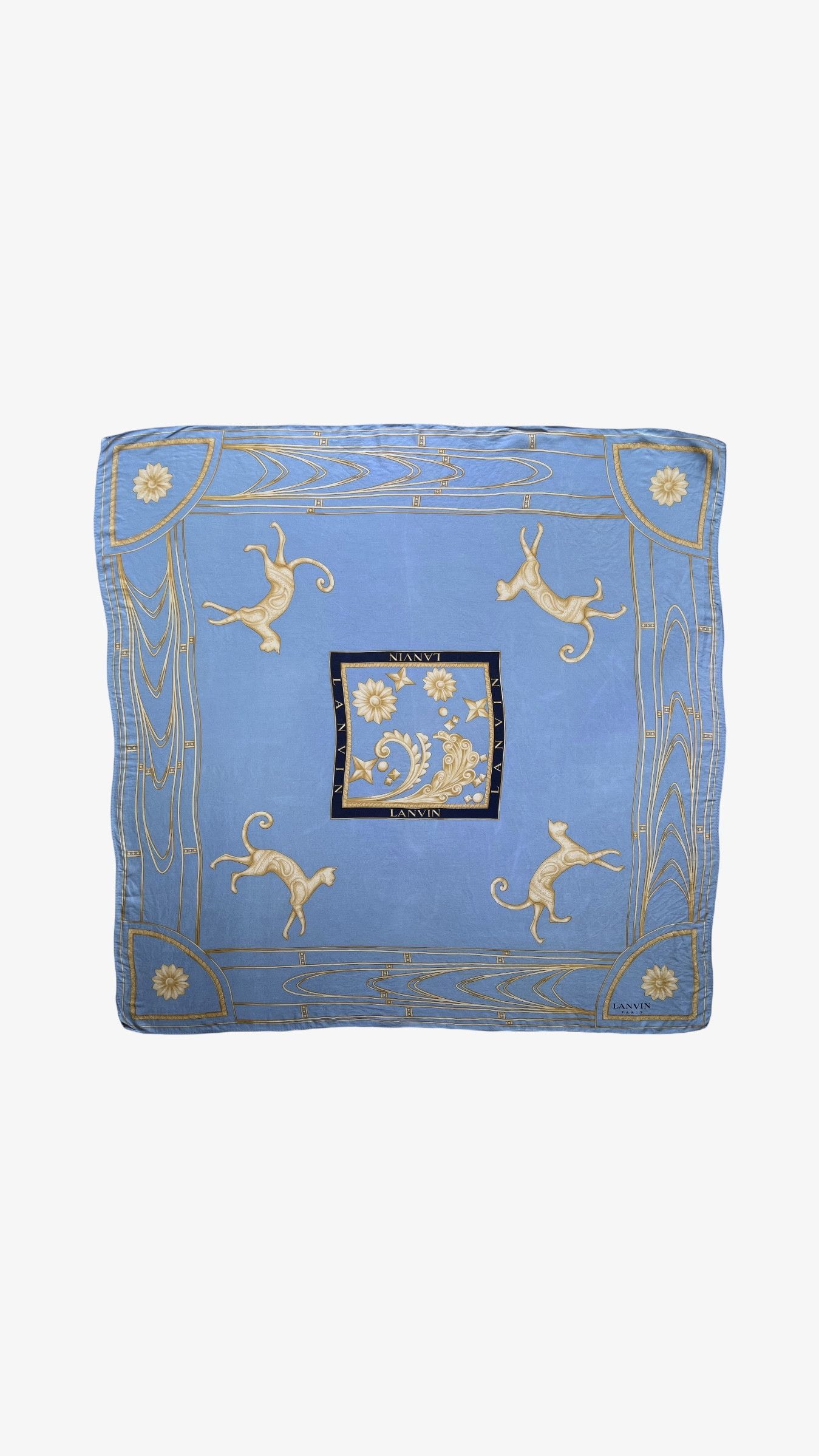 Lanvin Vintage 80s Lanvin Paris Art Deco Cat Print Blue Silk Scarf Size ONE SIZE - 1 Thumbnail