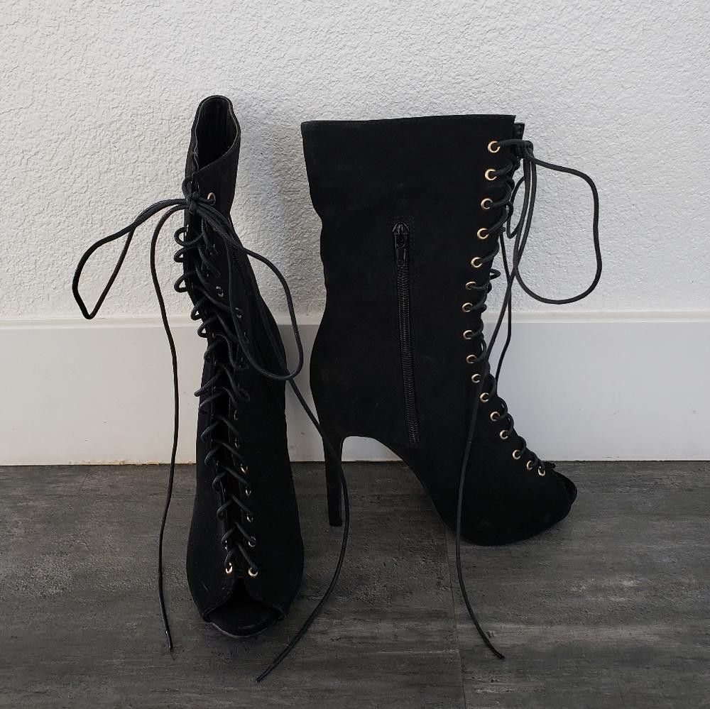 Designer Black Laced Up Suede Glaze Heeled Boot Size US 8 / IT 38 - 3 Thumbnail
