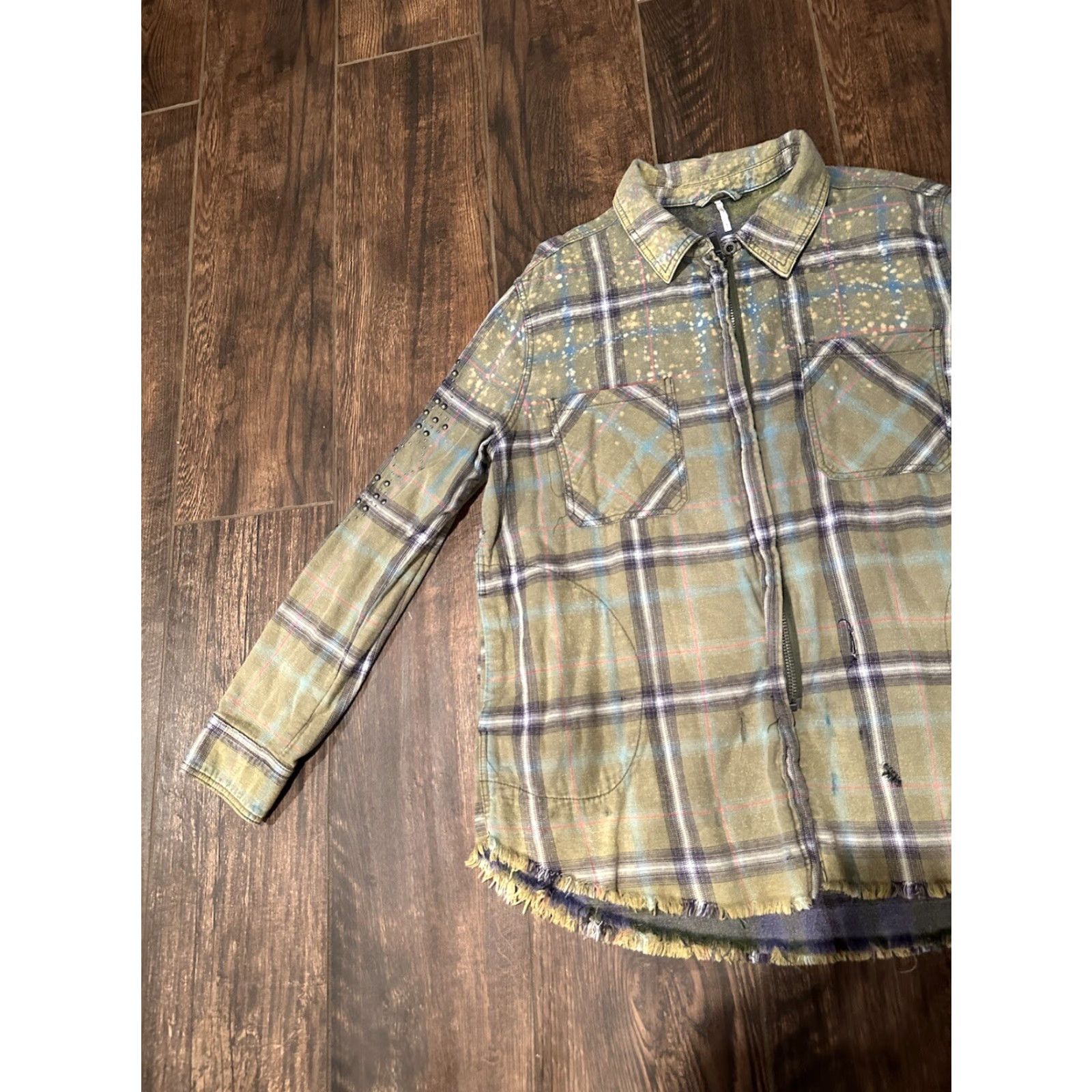 Free People Free People Deconstructed Jacket Adult Medium Green Plaid Zip Up Cotton Womens Size M / US 6-8 / IT 42-44 - 3 Thumbnail