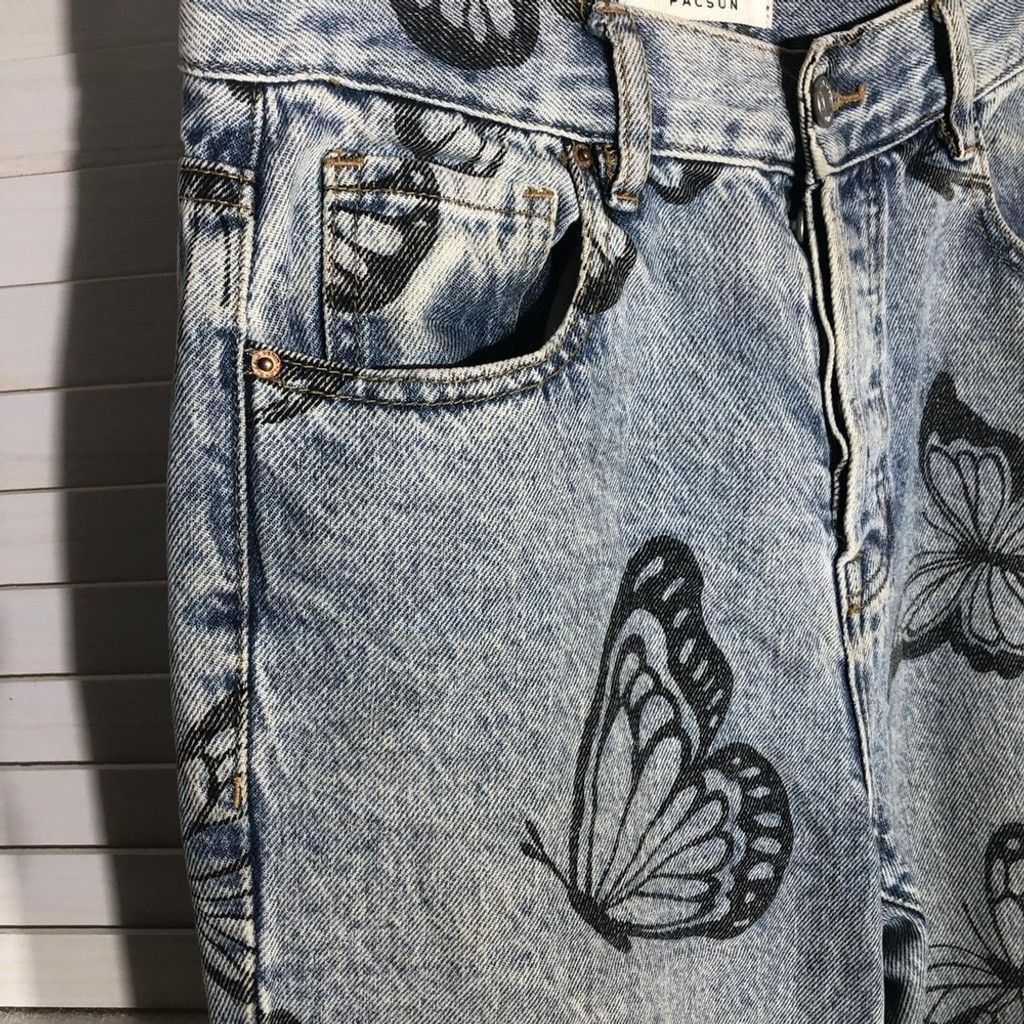Pacsun Butterfly Jeans High Waisted Straight Leg Raw Hem Blue 26 Size 26" / US 2 / IT 38 - 5 Thumbnail