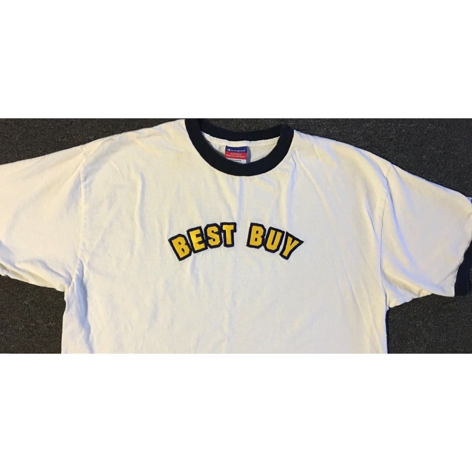 Champion Vtg Champion Best Buy Faded Ringer Shirt XL White Mens T-Shirt Graphic Tee 90s Y2K Grunge Size US XL / EU 56 / 4 - 7 Thumbnail