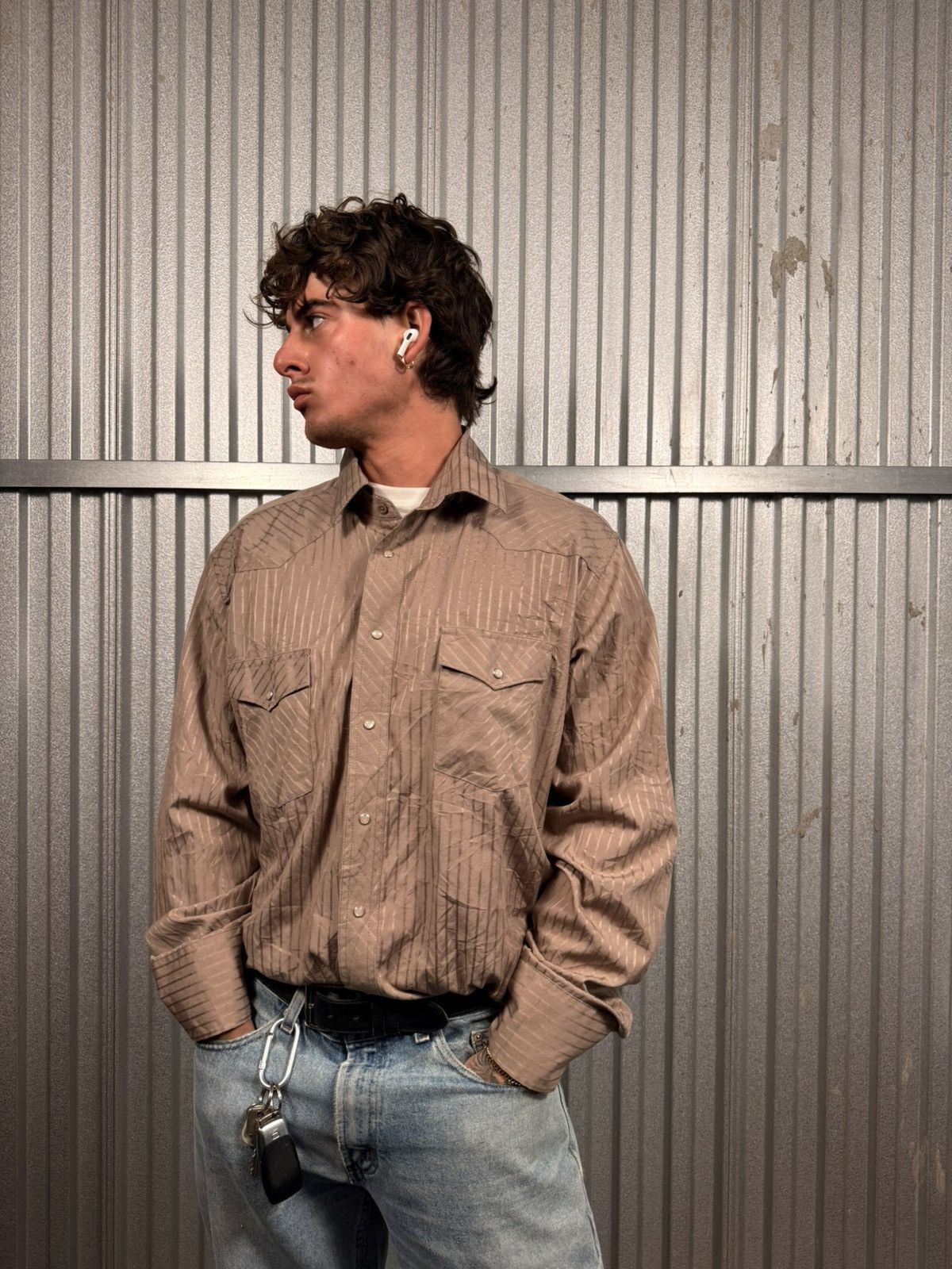 Wrangler Vintage Wrangler Pearl Snap Pinstripe Beige Western Shirt Size US L / EU 52-54 / 3 - 1 Thumbnail