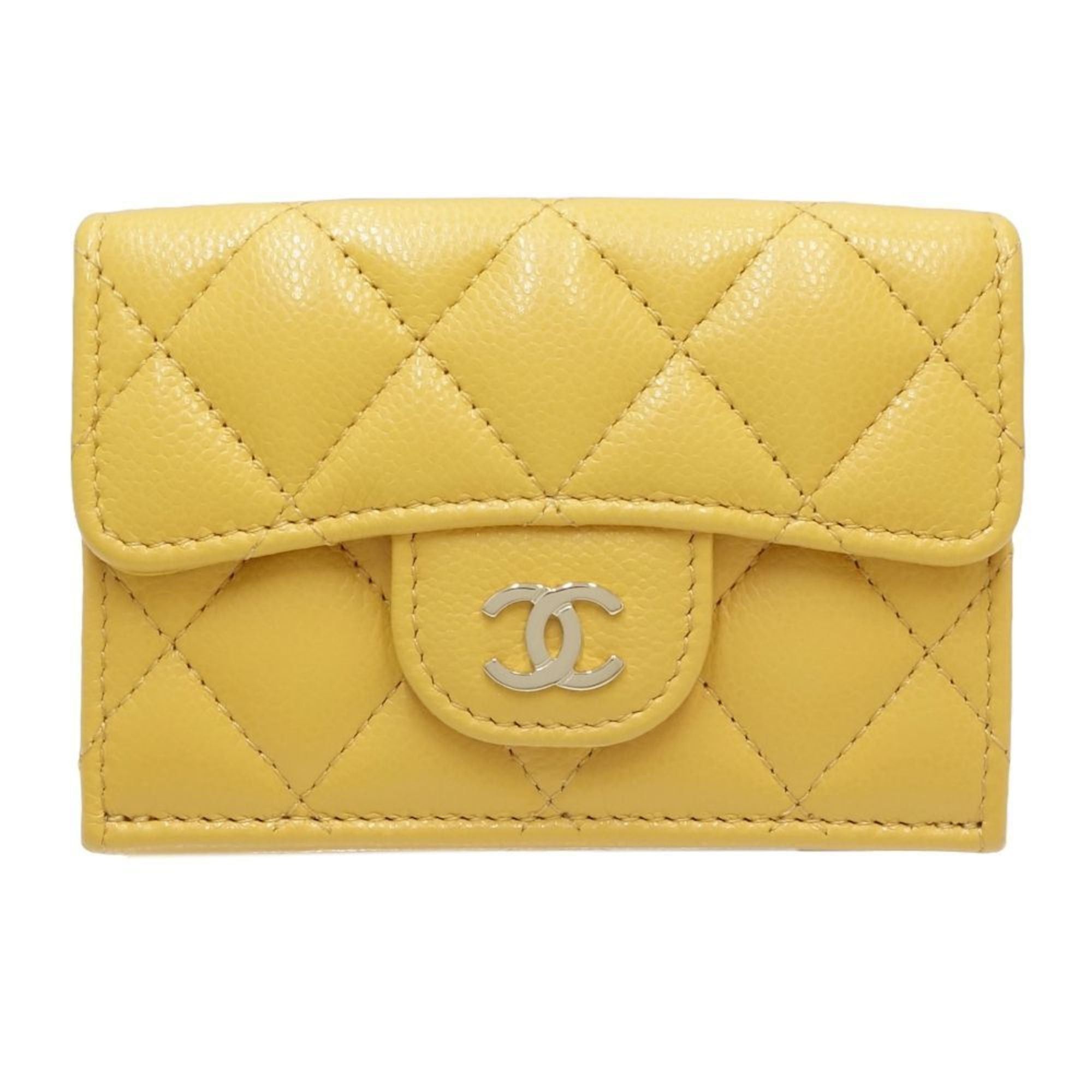 image of Chanel Classic Small Wallet Matelasse Trifold Caviar Skin Yellow 083924, Women's