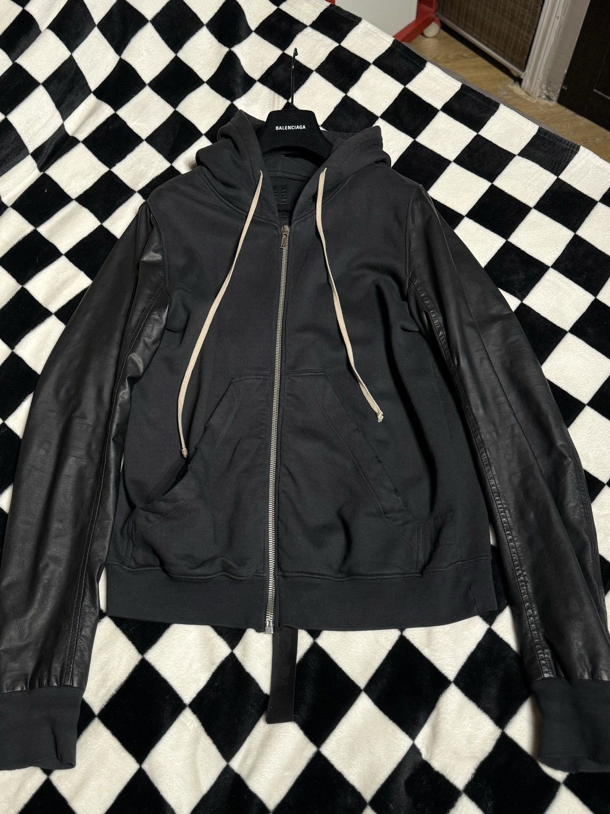 Rick Owens Drkshdw RARE $1283 LEATHER LAMBSKIN BLACK MILK BLACK HOODIE SWEATER Size US L / EU 52-54 / 3 - 1 Thumbnail