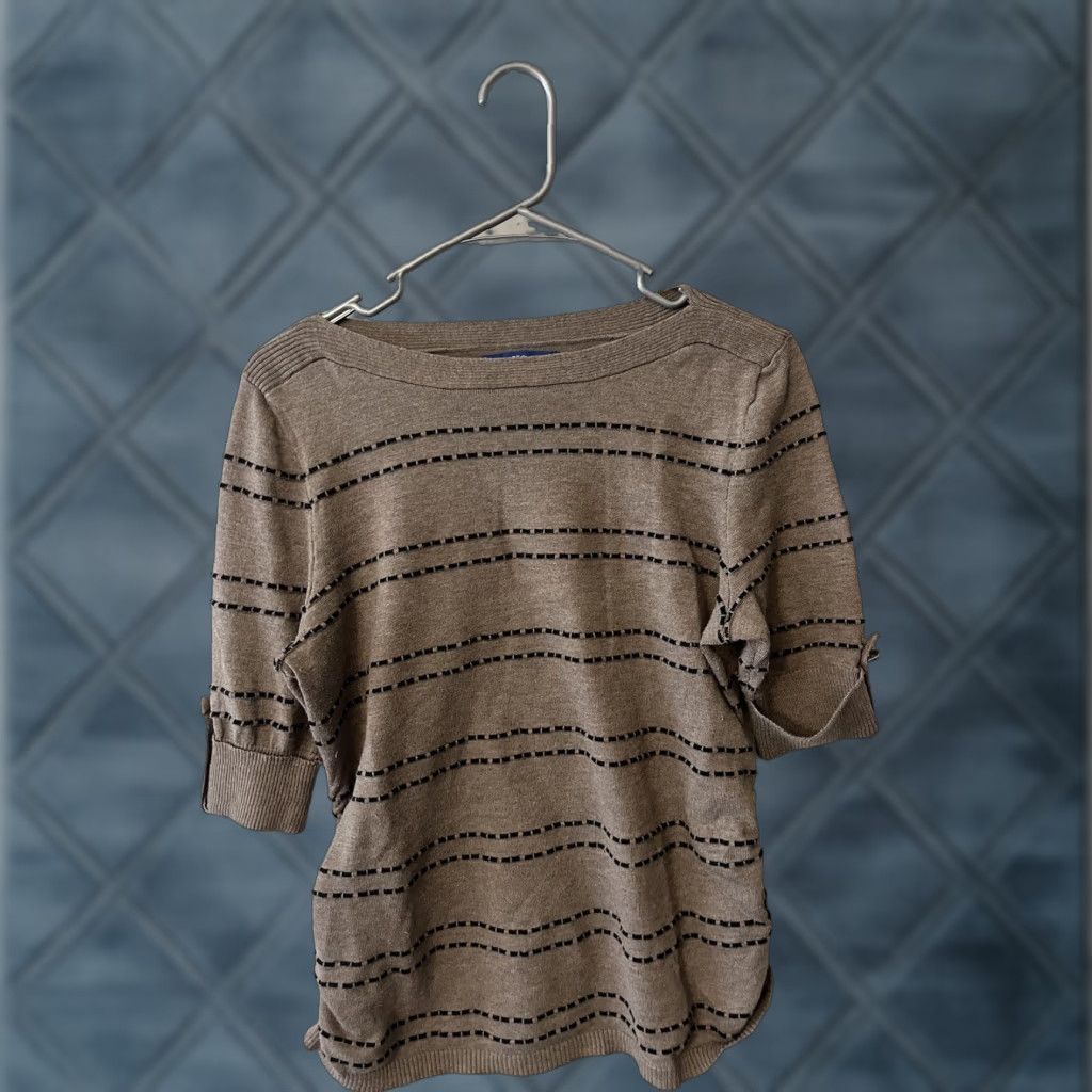 Apt. 9 Apt. 9 Brown Striped Short Sleeve Ruched at Sides Womens Petite Round Neck Sweater Size L / US 10 / IT 46 - 1 Thumbnail