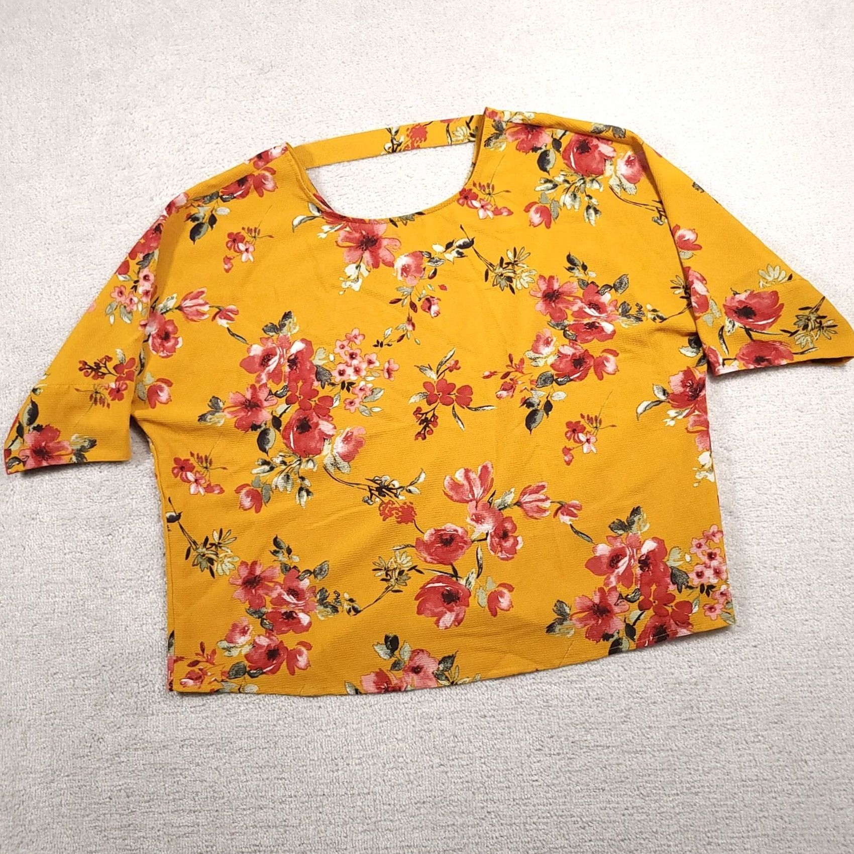 Apt. 9 Apt. 9 Shirt Women's Yellow Floral Round Neck Stretch 3/4 Sleeves V Back XXL Size XL / US 12-14 / IT 48-50 - 2 Thumbnail