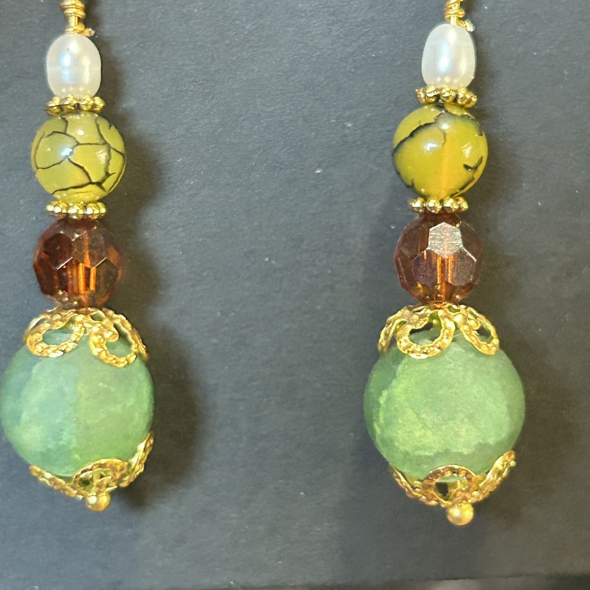 Handmade Handcrafted green crackle glass dragon vein agate earrings Size ONE SIZE - 3 Thumbnail