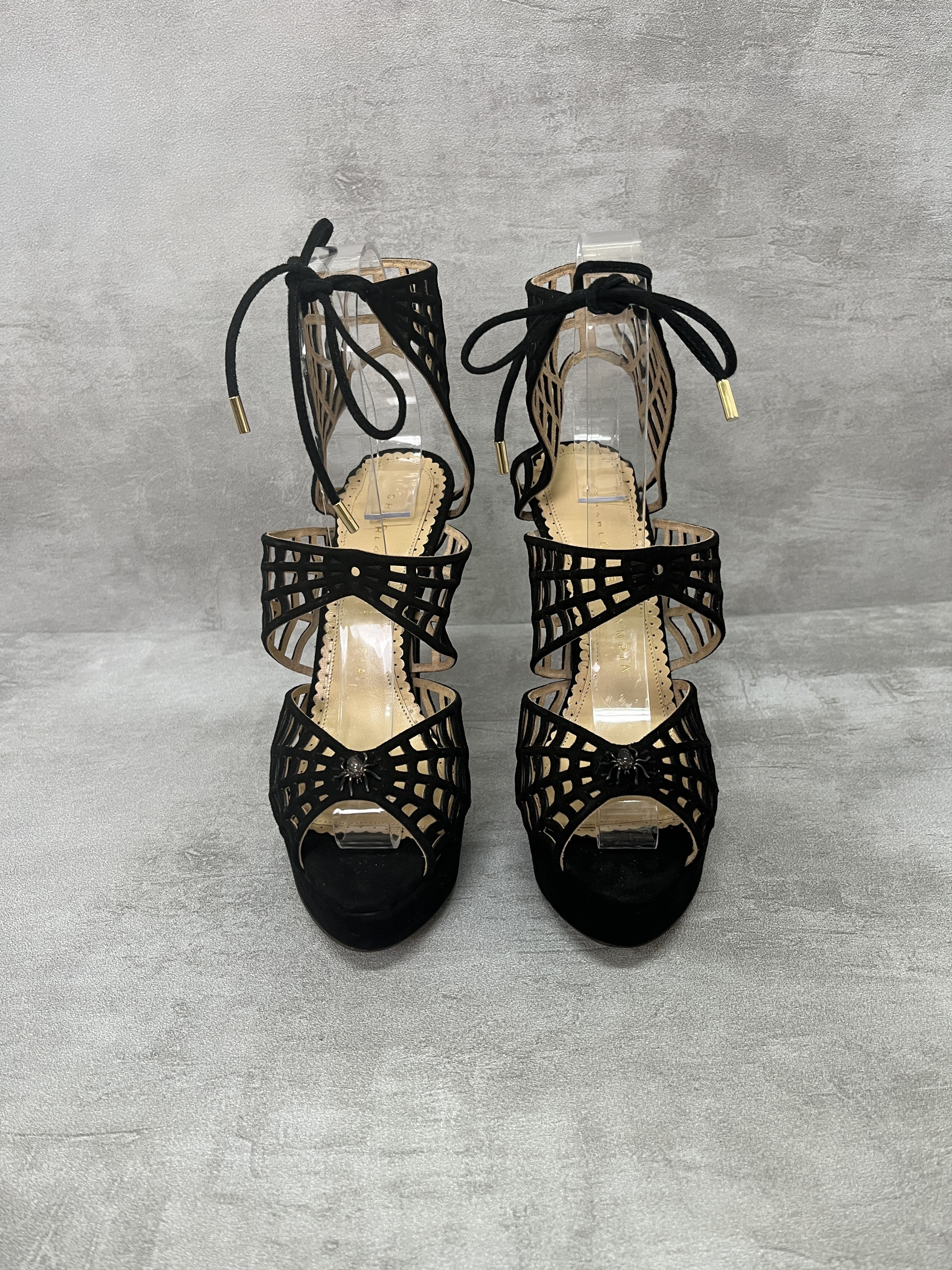 Charlotte Olympia Charlotte Olympia Black Suede Spider-Web Platform Heels Size US 5 / IT 35 - 3 Thumbnail