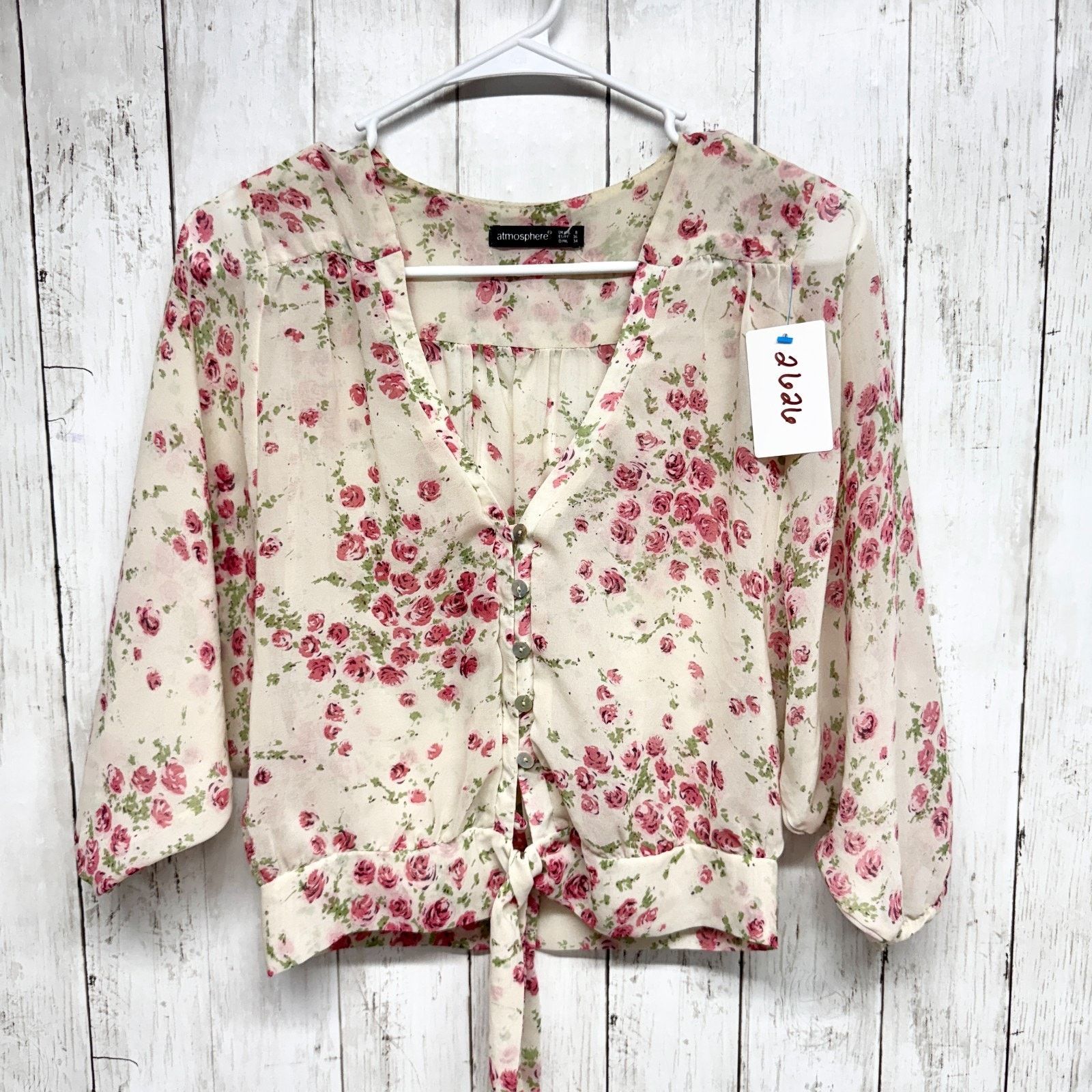 Other Atmosphere Blouse Sz 8 Floral V-Neck Button Front 3/4 Sleeve Size M / US 6-8 / IT 42-44 - 1 Thumbnail