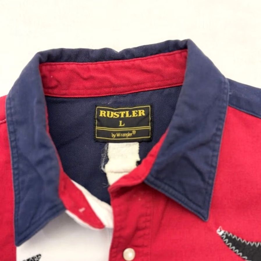 Wrangler VINTAGE Rustler Pearl Snap Red White Blue Western Shirt Embroidered Bull Size L Mens Short Sleeve Ranch Wrangler Size US L / EU 52-54 / 3 - 6 Thumbnail
